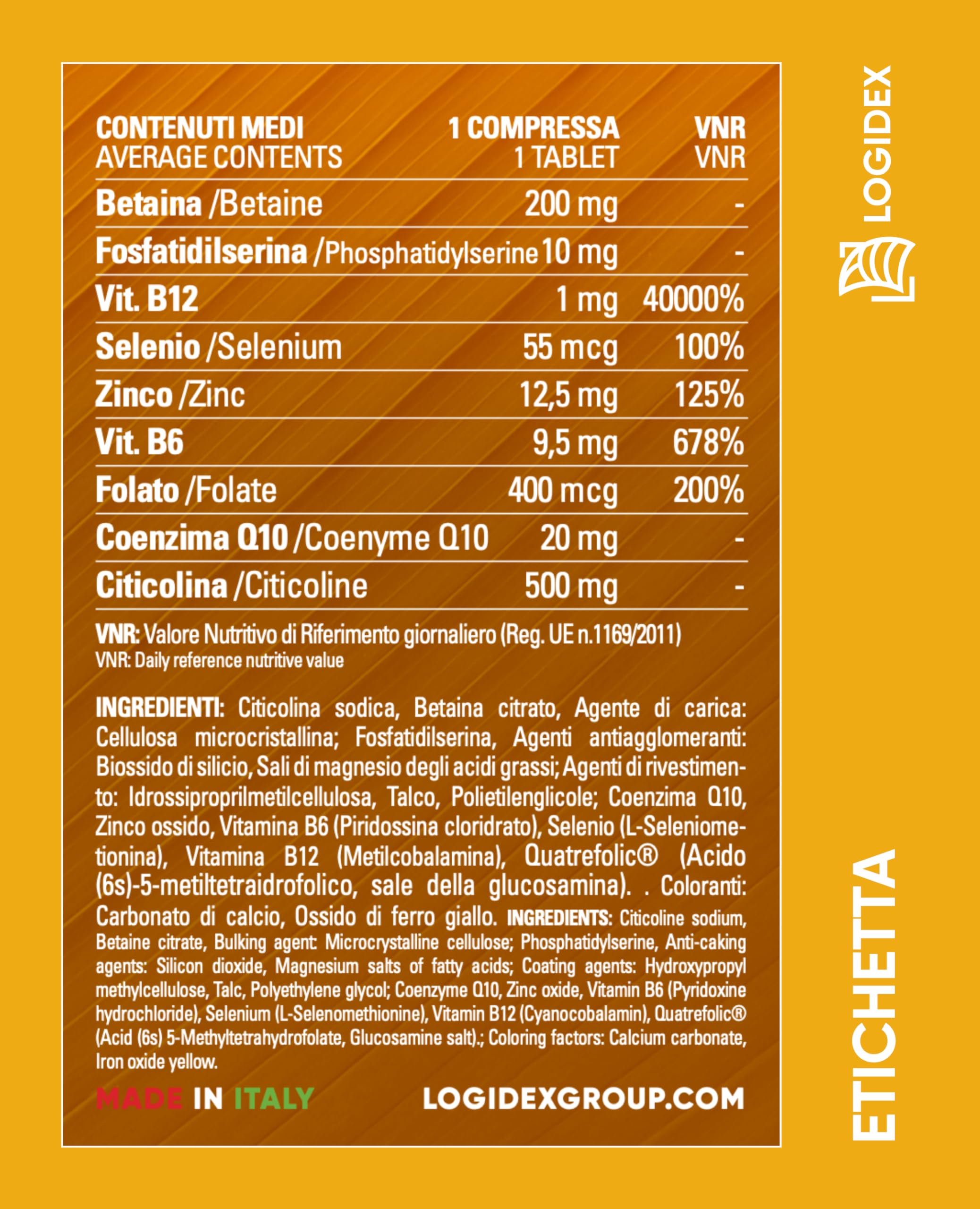 Betafolic Age - Integratore Vitamina B6 e B12, per Stanchezza, Memoria e Concentrazione, con B-Complex, Acido Folico, Citicolina e Q10 – 30 Compresse – Made in Italy Logidex