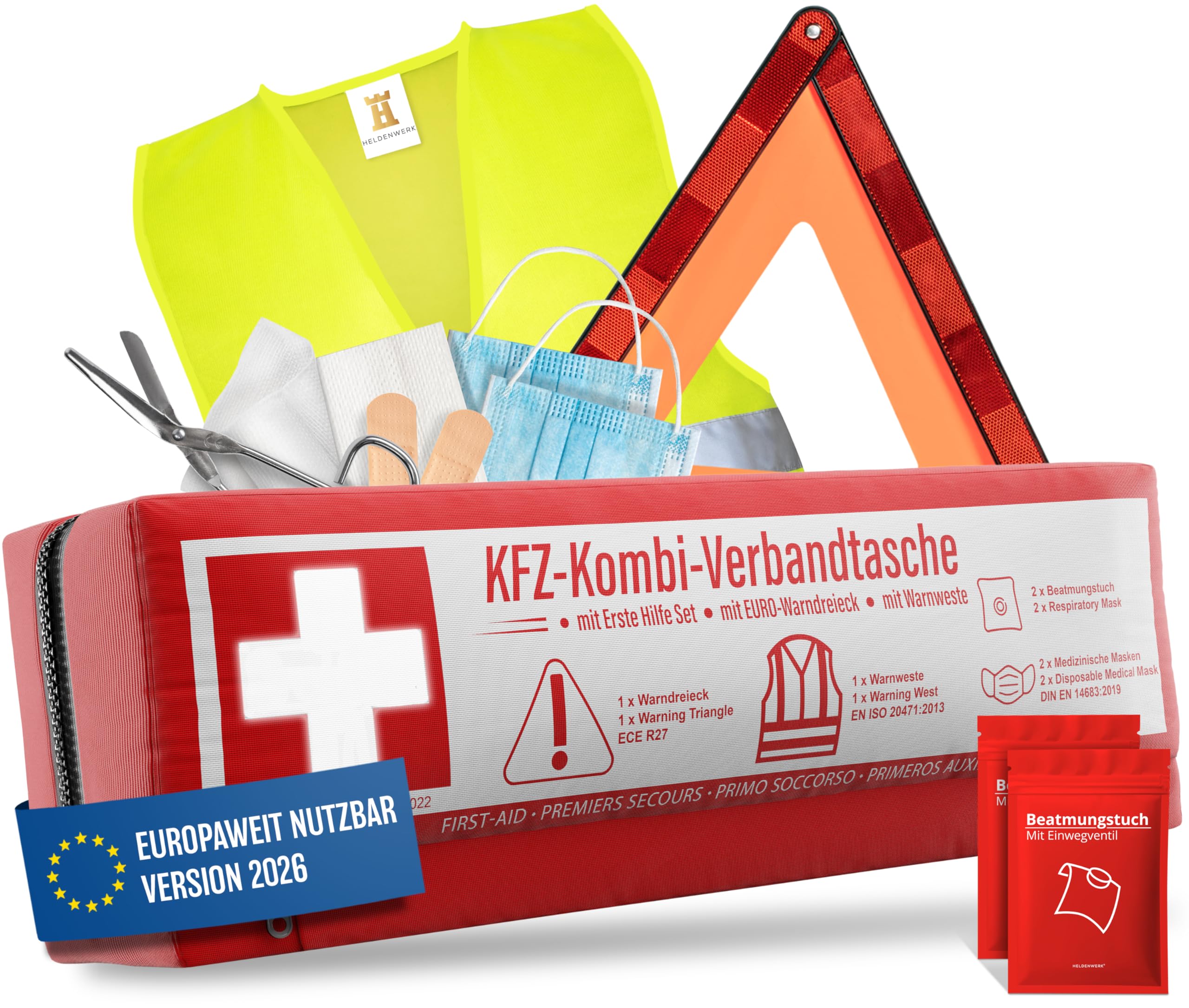 KFZ Kombitasche (3 in 1) nach aktueller Norm 2026 - Inkl. Warndreieck, Warnweste - Verbandskasten Warndreieck Set Verbandskasten Auto DIN 13164:2022 (StVO konform)
