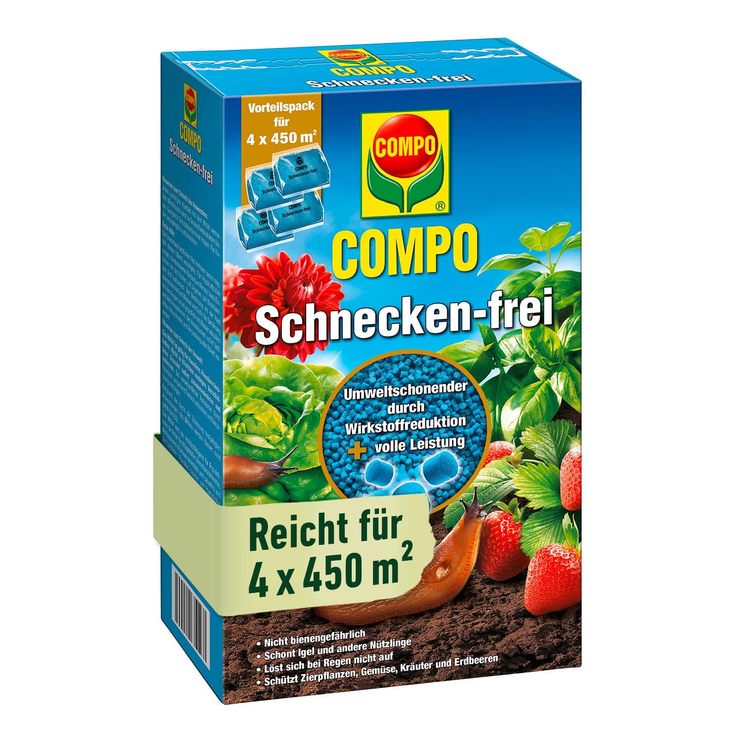 COMPO Schnecken-frei - Schneckenkorn - regenfest - Streugranulat gegen Schnecken im Vorteilspack - reicht für bis zu 1800 m² - 4x225 g, Schneckenfrei