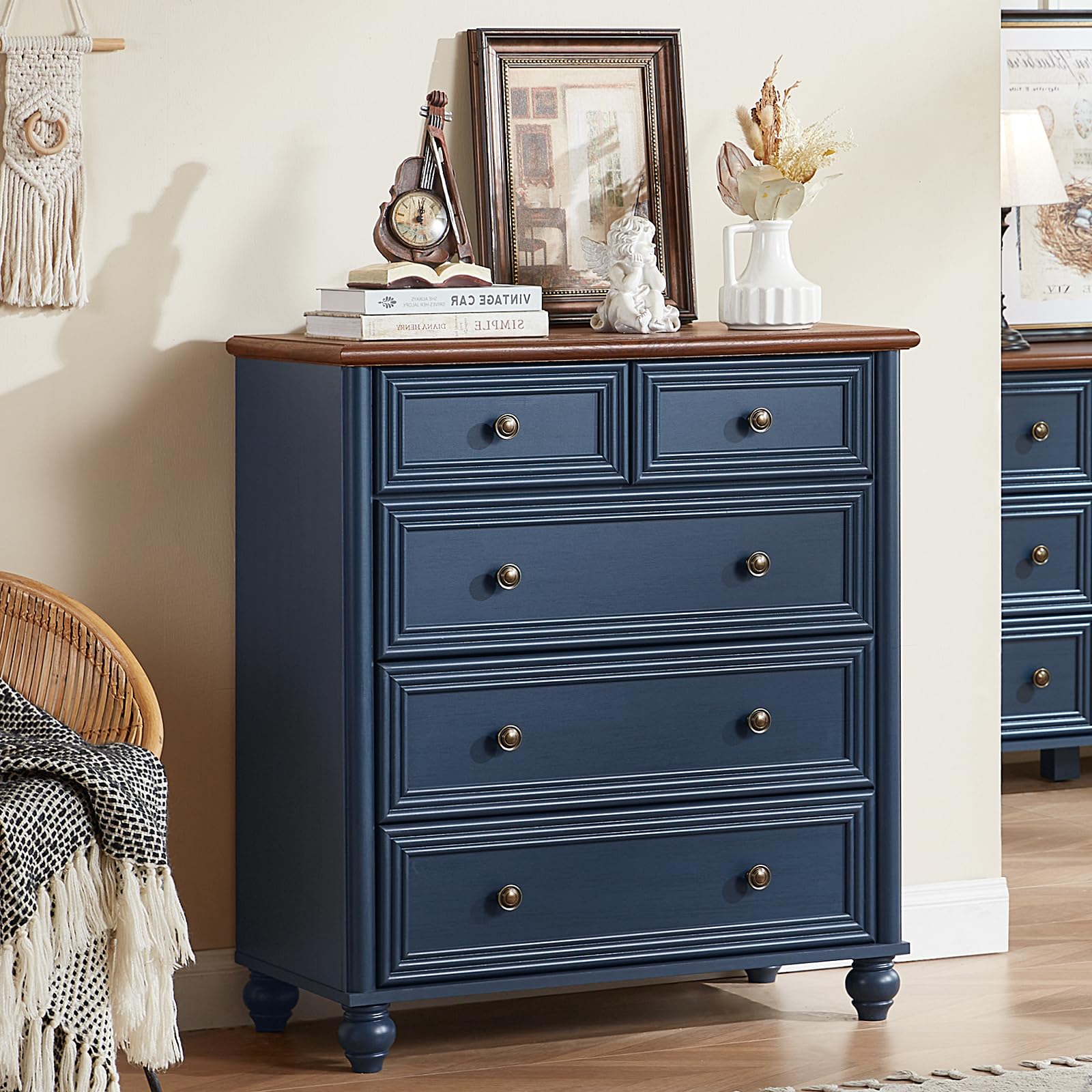 Assembled RWYHG Farmhouse 5-Drawer Dresser in Navy Blue