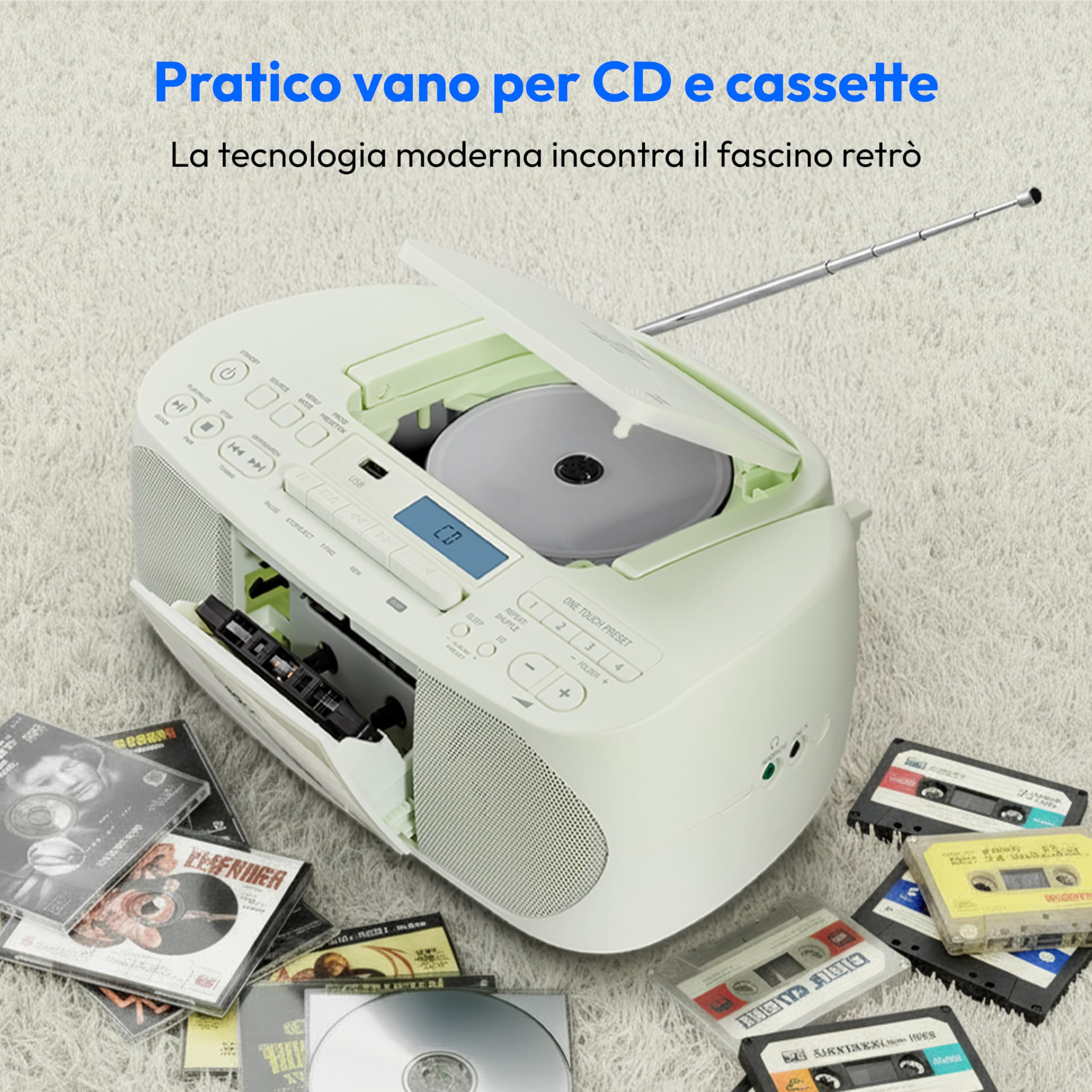 MEDION DRX-1 Plus Boombox (radio portatile DAB+ e FM, Bluetooth, lettore CD, MP3, cassetta, uscita cuffie, stereo, AUX, alimentazione rete & batteria) verde