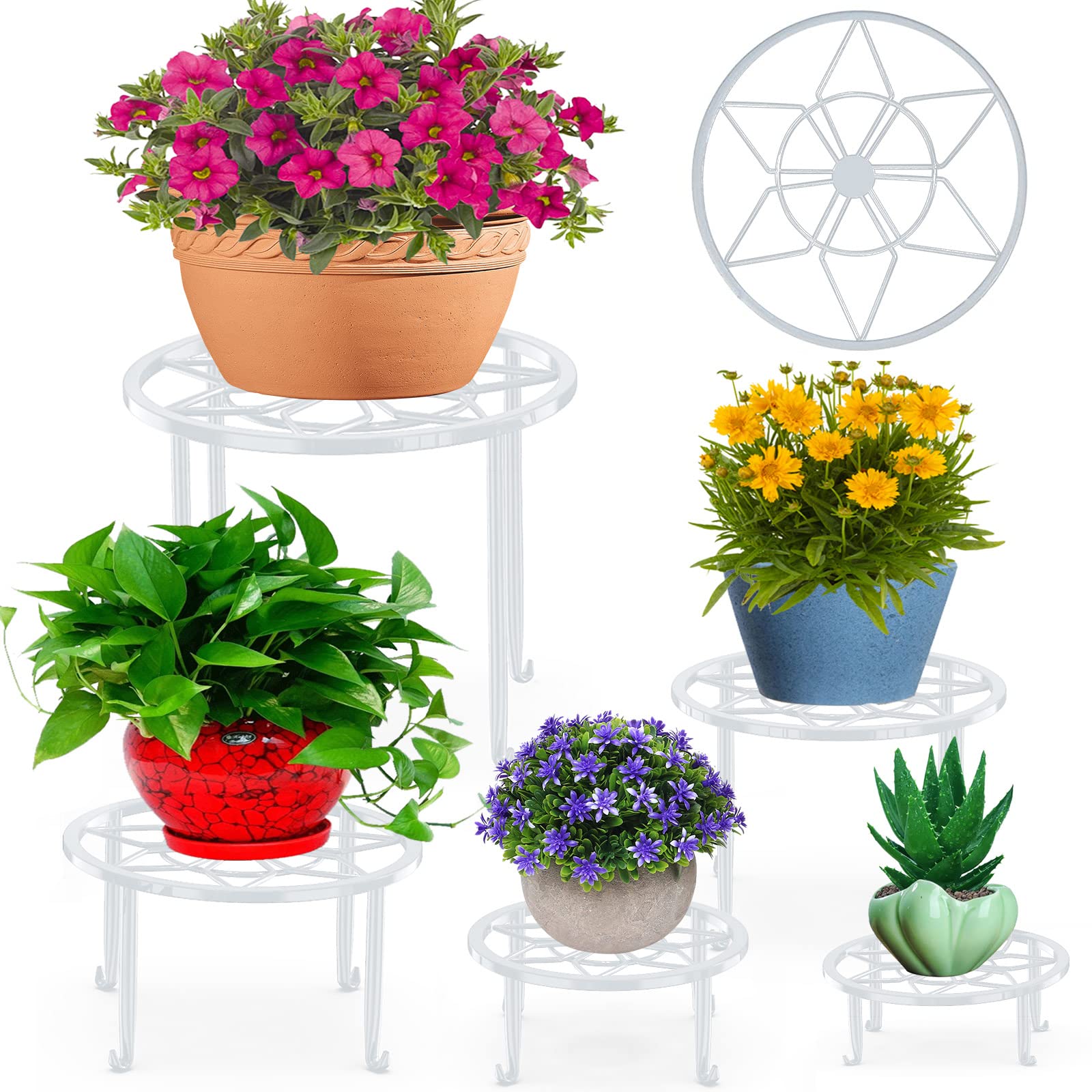 Autopromake 5 Pack Metal Plant Stands for Multiple Plant,Heavy Duty Flower Pot Stands for Outdoor Indoor Plants,Rustproof Iron Round Pot Shelf for Planter (White)