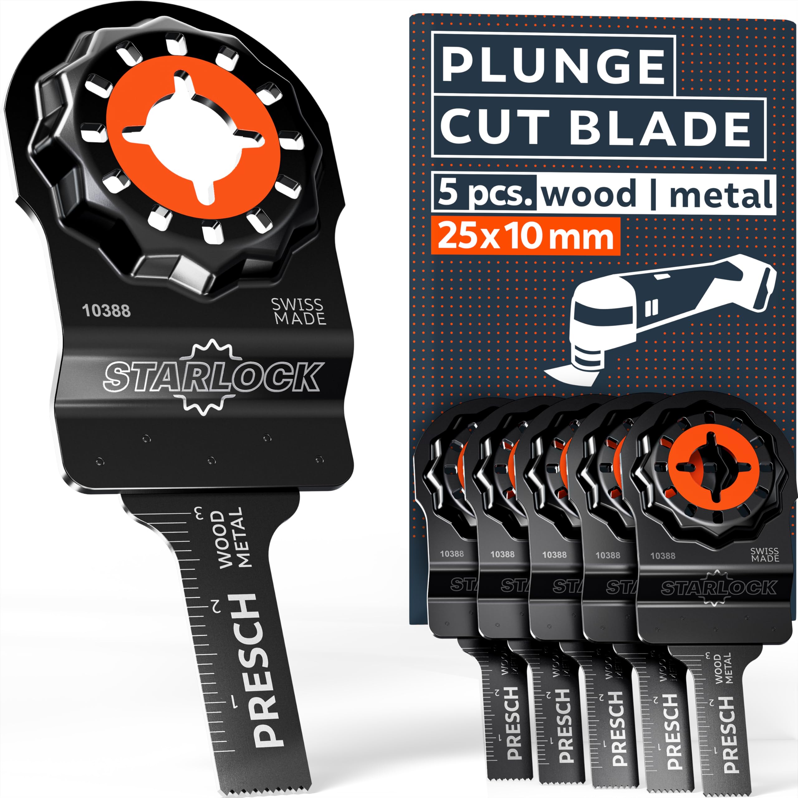 Presch Multitool Blades Wood & Metal 25x10mm 5 pcs., Starlock Multitool blades for tool-free replacement