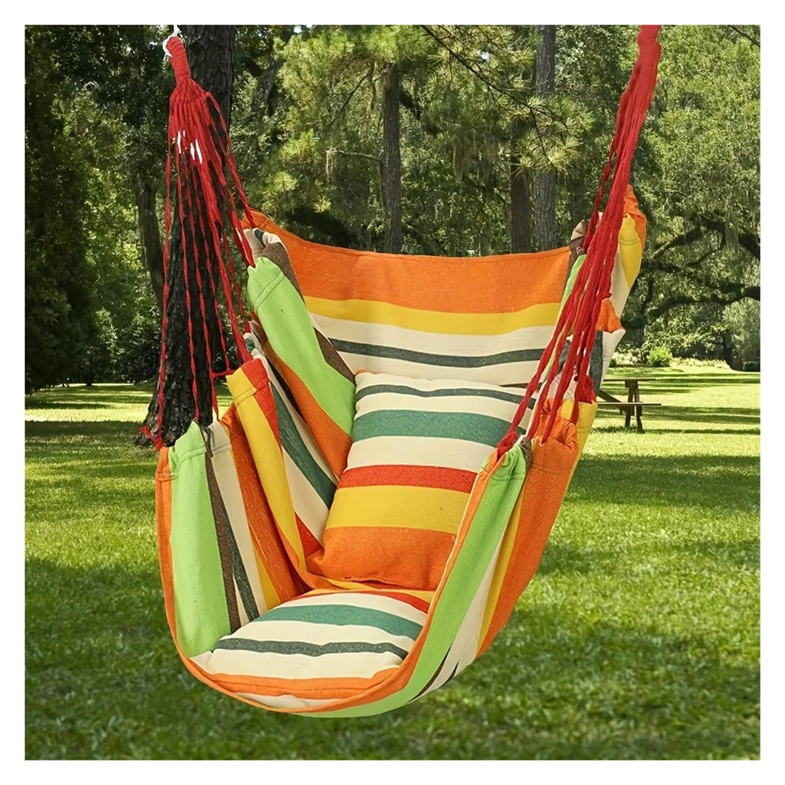 1pc Outdoor Hammock Chair, Canvas Leisure Swing Hanging Chair, Without Pillow And Cushion, Indoor Outdoor Hammock(Green Orange)