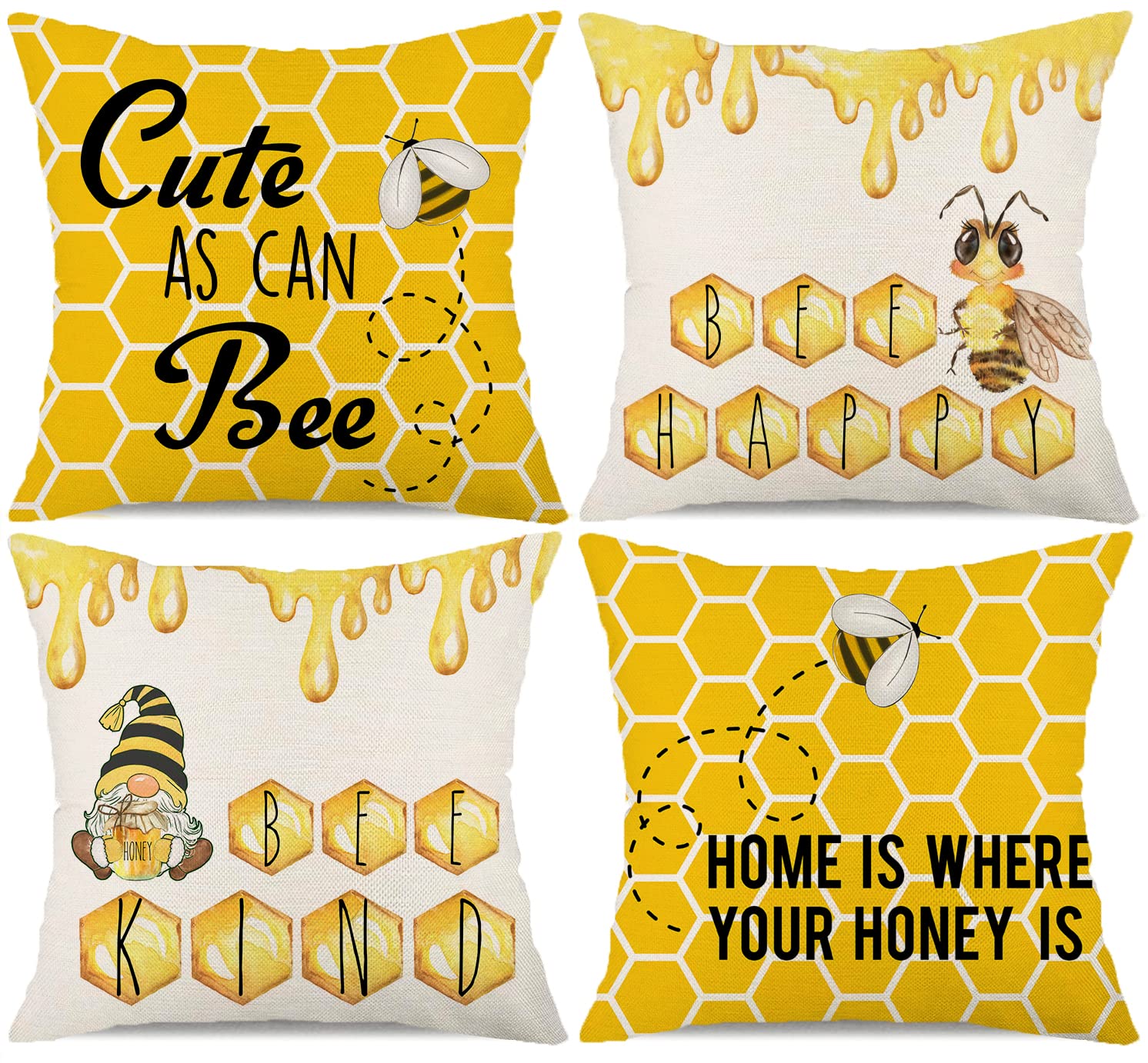 Summer Pillow Covers 18x18 Set of 4 Bee Quote Gnome Pillow Cover Summer Decorations Farmhouse Decor Pillows Case Honey Bee Decor for Home(Honeycomb-bee)