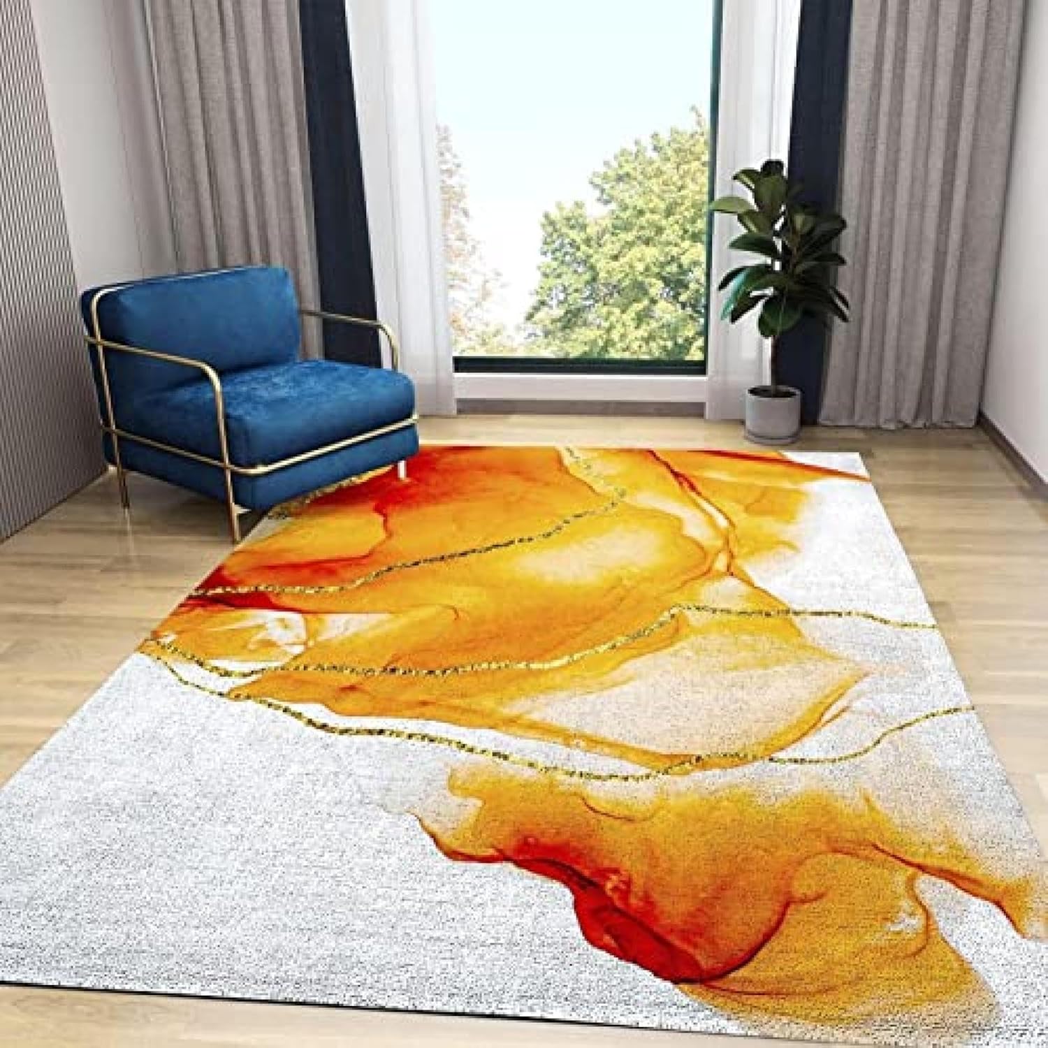 Modern Light Luxury Art Area Rug for Bedroom, Home Decor Abstract Orange Gold Ink Painting Rug, Non-Slip Foldable Washable Low Pile Playing Mat for Kitchen Living Room Entryway Hallway-2x3ft