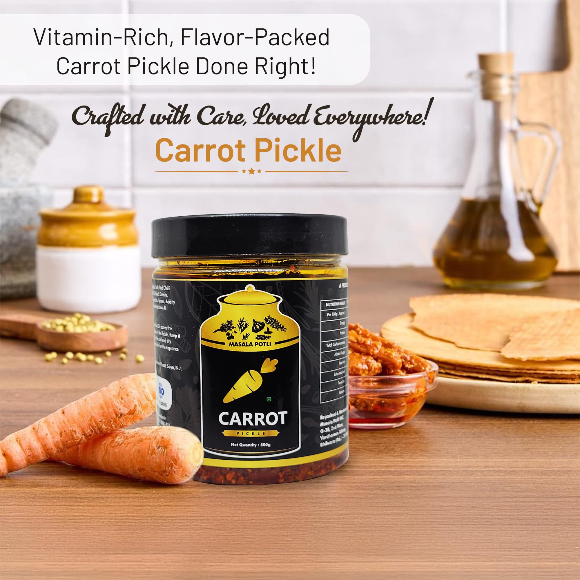 Masala Potli Marwadi Carrot Pickle 1Kg, Fresh and Flavorful Traditional Gajar Ka Achar, Purely Homemade Tangy and Spicy Flavor, Fresh Pickle with Premium Spices, 500gm (Pack of 2) 1