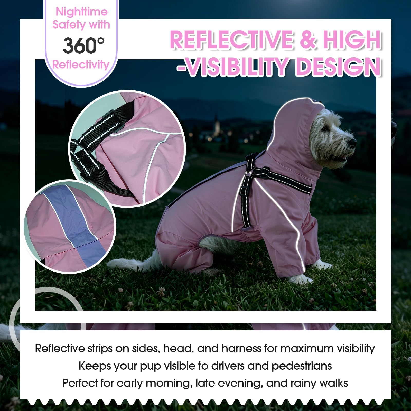 Lelepet Chaqueta impermeable para perros, impermeable para perros grandes, abrigo reflectante resistente al viento con arnés integrado, chaqueta impermeable ligera para mascotas, chaleco de seguridad