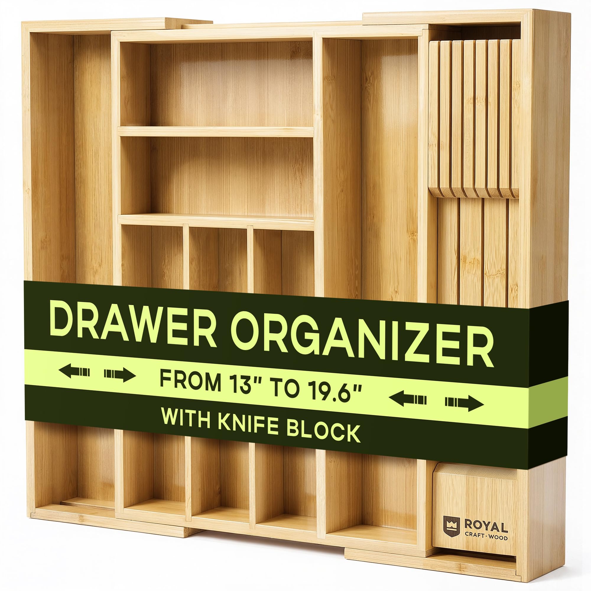Drawer Organizer for Kitchen Organization – Expandable Bamboo Silverware Drawer Organizer with Removable Knife Block, Bamboo Cutlery, Non-Slip Utensil Organizer with 7-Slot Knife Storage for Flatware