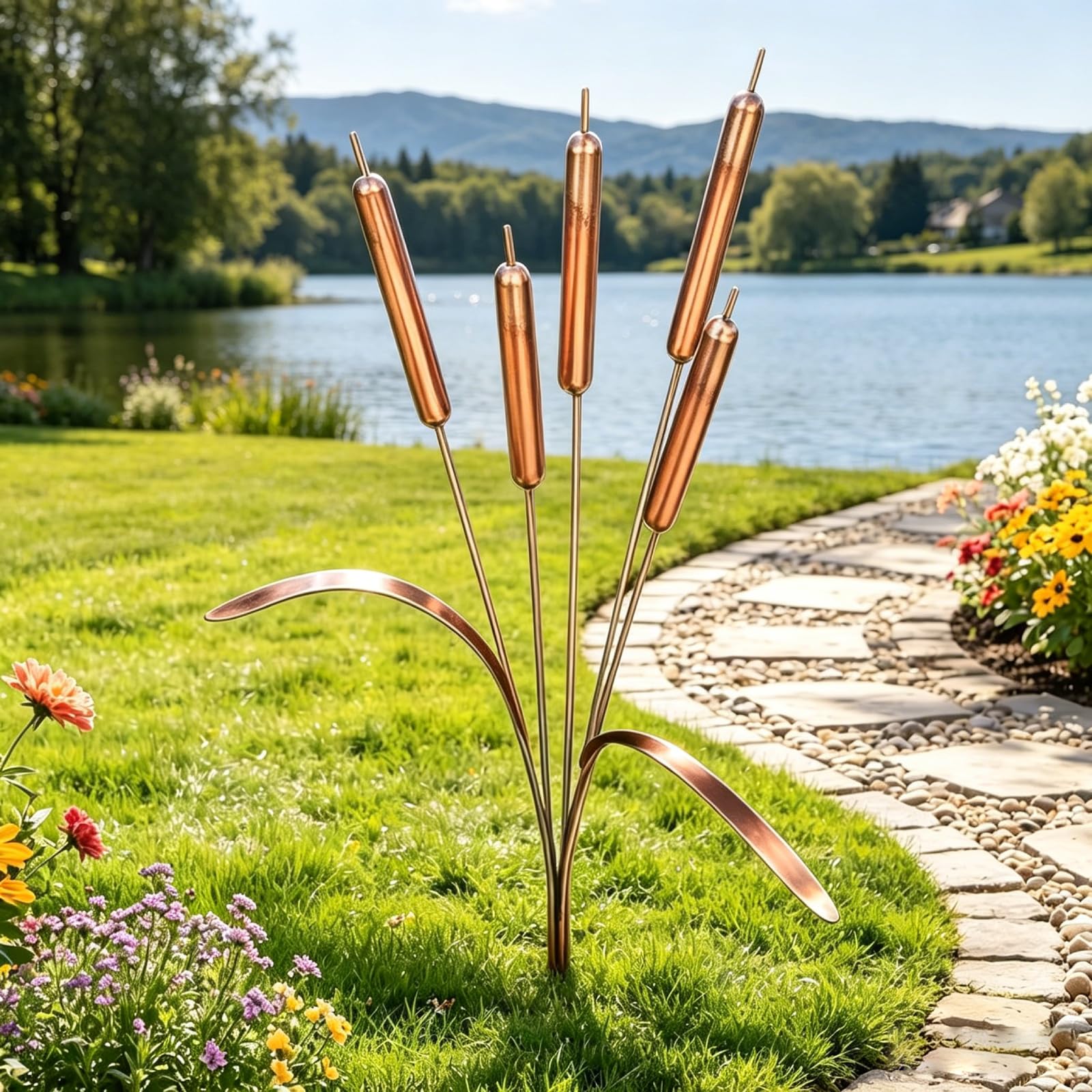 Copper Cattail Wind Chimes for Outside – Pole Mount Garden Wind Chime, Rustic Metal Art Decor for Patio, Backyard, Lawn, Porch, Landscape & Yard, Nature Gift