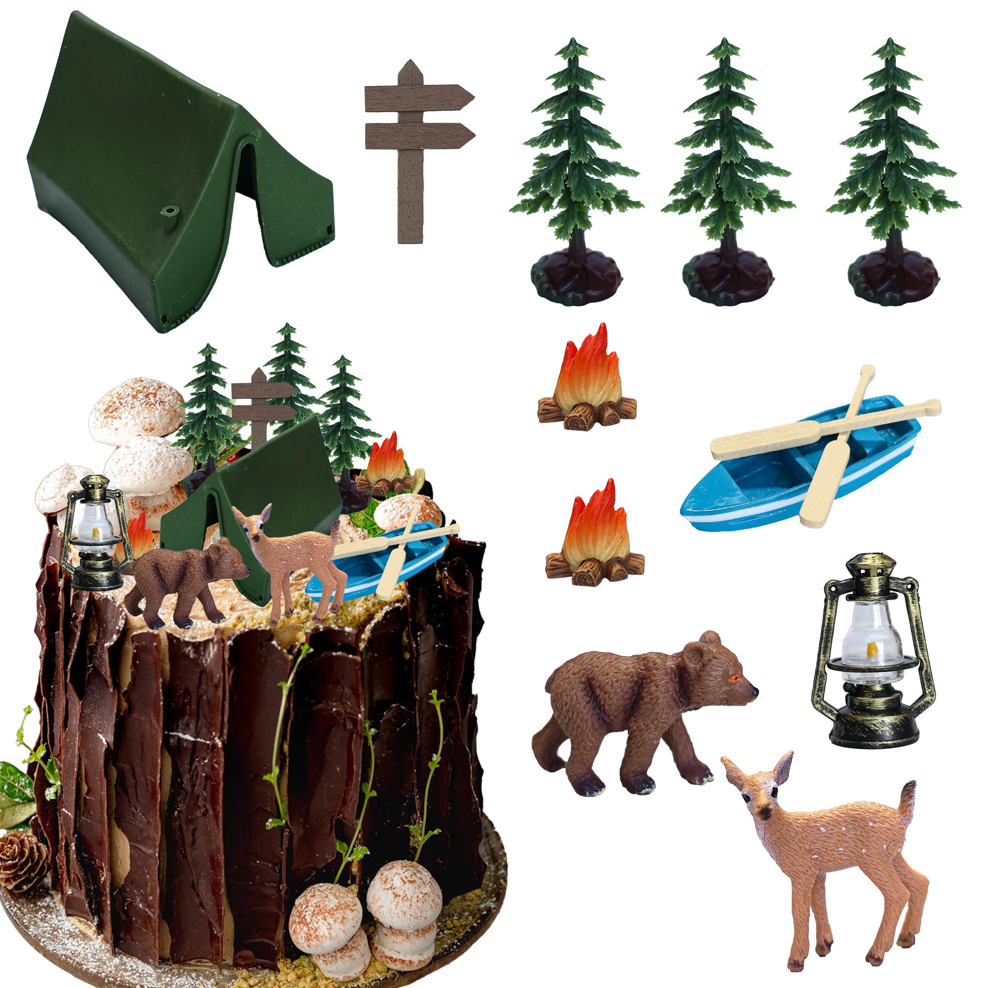 Ephlyn 12Pcs Camping Party Cupcake Toppers Deer Bear Three Trees Tent Cupcake Picks Happy Camping Cake Decorations for Camping Party Supplies Brown