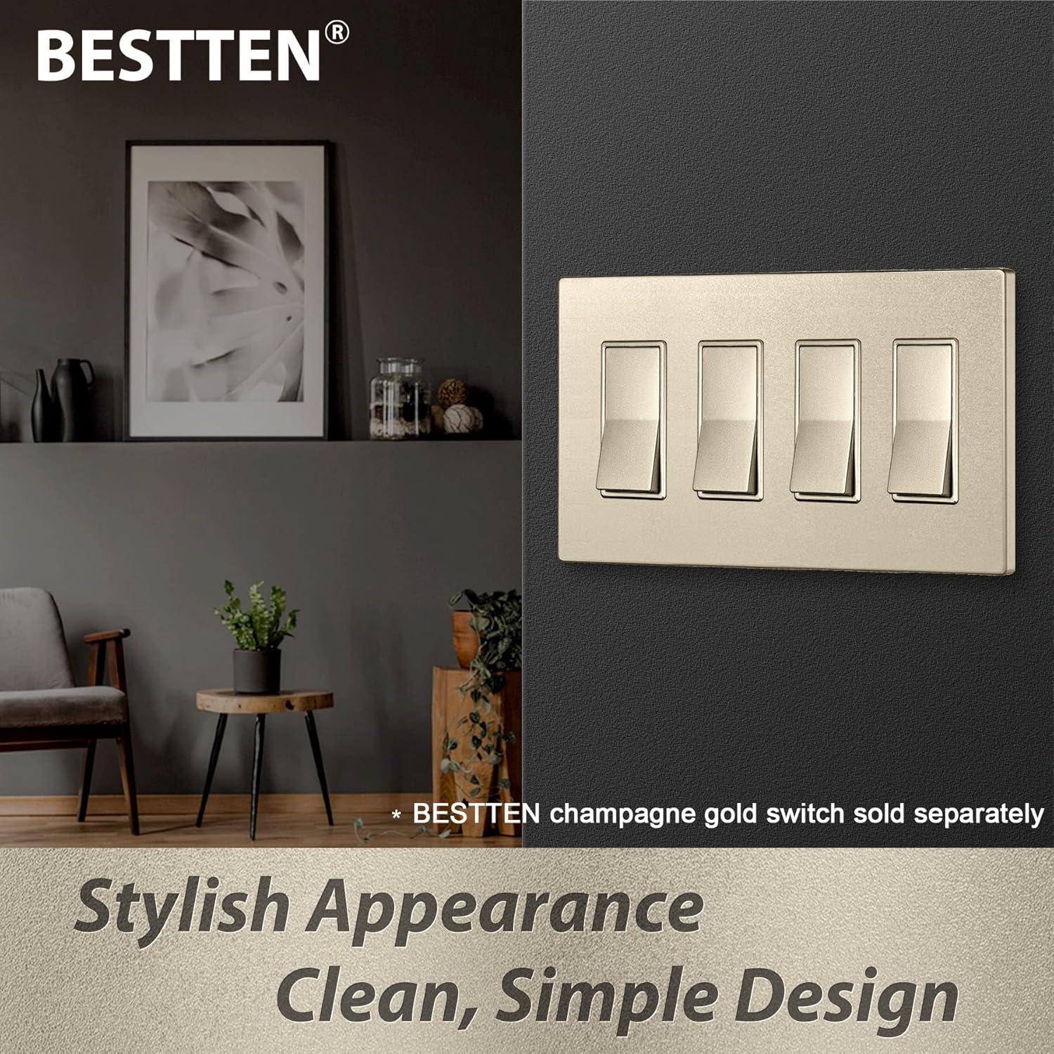 Flash Deals - 40% OFF [5 Pack] BESTTEN 4-Gang Signature Collection Champagne Gold Screwless Wall Plate, Golden Decorator Outlet Cover, for Light Switch, Dimmer, Receptacle, UL Listed, H4.69” x W8.35”