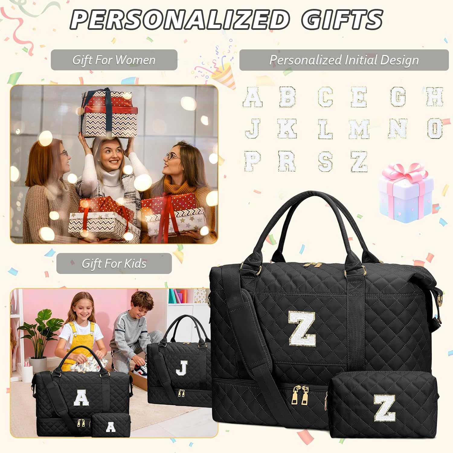Gifts for Women Birthday Initial Travel Duffle Bag Quilted Weekender Bags Carry-On Overnight with Cosmetic Bag, Gym Bag with Shoe Compartment Hospital Bag for Women Labor Delivery, Black Z