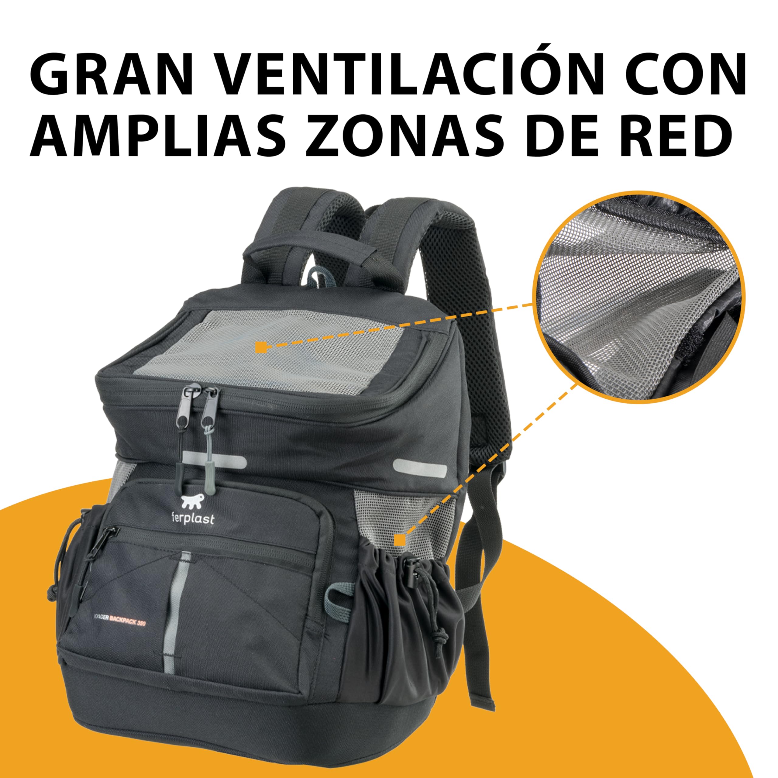 Ferplast Mochila Gato Voyager Backpack, Transportín Gato, Transportin Perro, Mochila, Gatos, Apertura Amplia, Correas Ajustables, Correa de Seguridad, con Cojín, Máx. 10 kg, 29x21x36H, Negro
