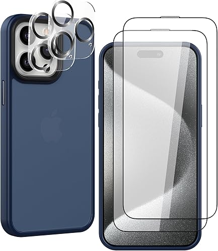 Foluu Funda delgada para iPhone 15 Pro Max 2023-2X protector de pantalla de vidrio templado y 2 protectores de lente de cámara, parte trasera de