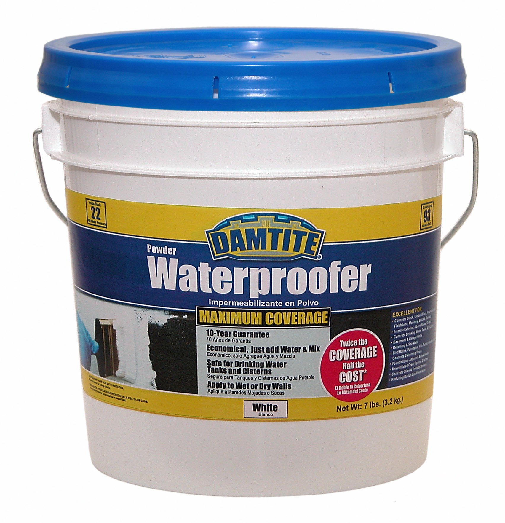 DAMTITE Maximum Coverage Powder Waterproofer, Apply to Wet or Dry Walls, Twice The Coverage Compared to Competition (White, 7lb)