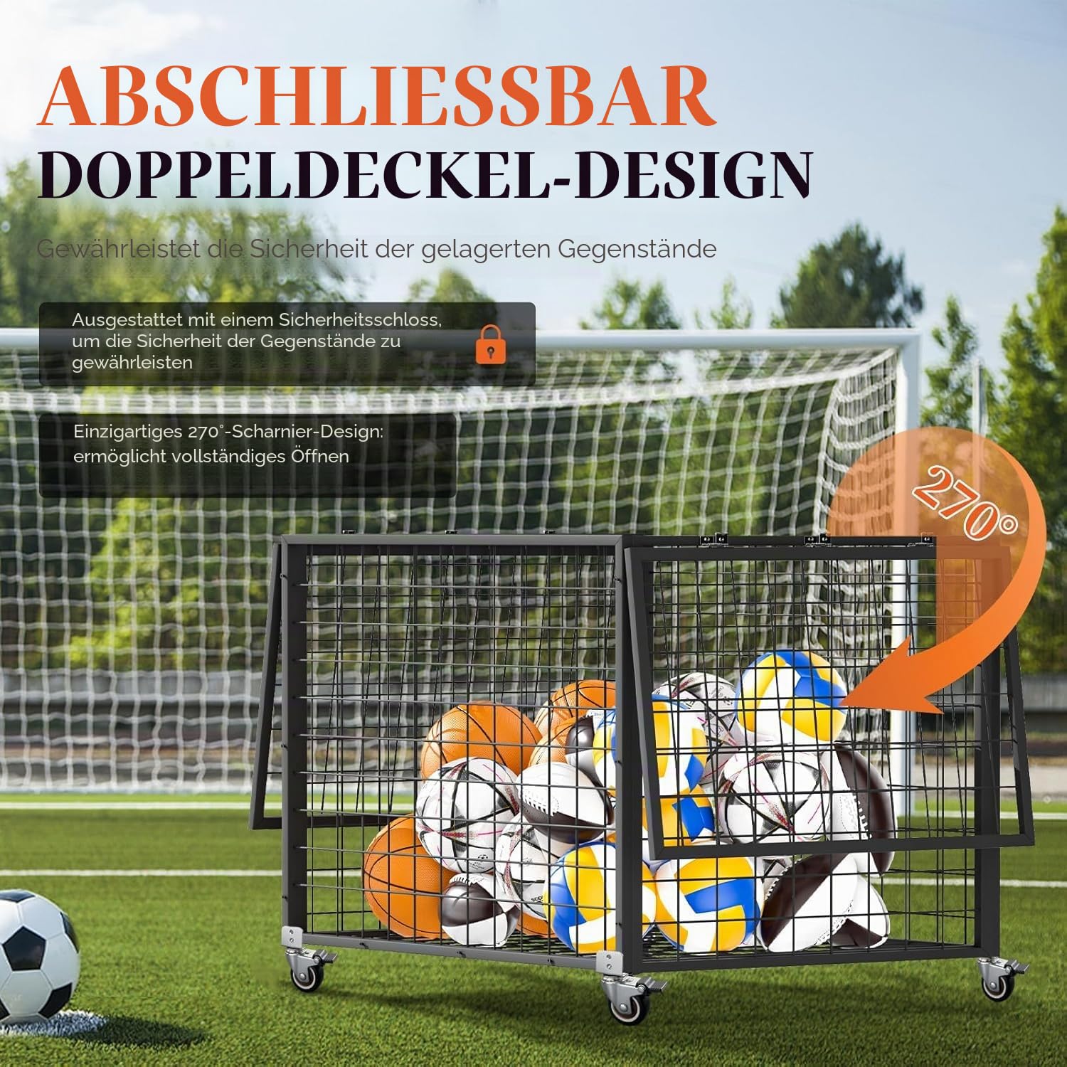 Ballwagen Sportball, Ball Aufbewahrung, Ballcart aus Doppeltüriger Abschließbares Ballkäfig, Rollwagen Spielzeug für den Innen und Außenbereich Sportgeräte,Für Sportgeräte ,Bälle, Schulen