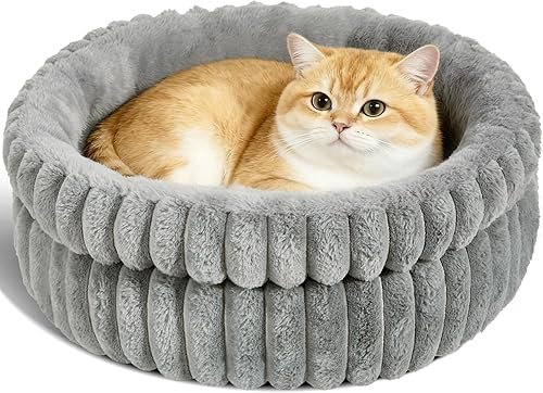 Cama para gatos, cama para gatitos, camas redondas lavables para gatos de interior, cama de felpa súper suave de piel sintética para cachorros y