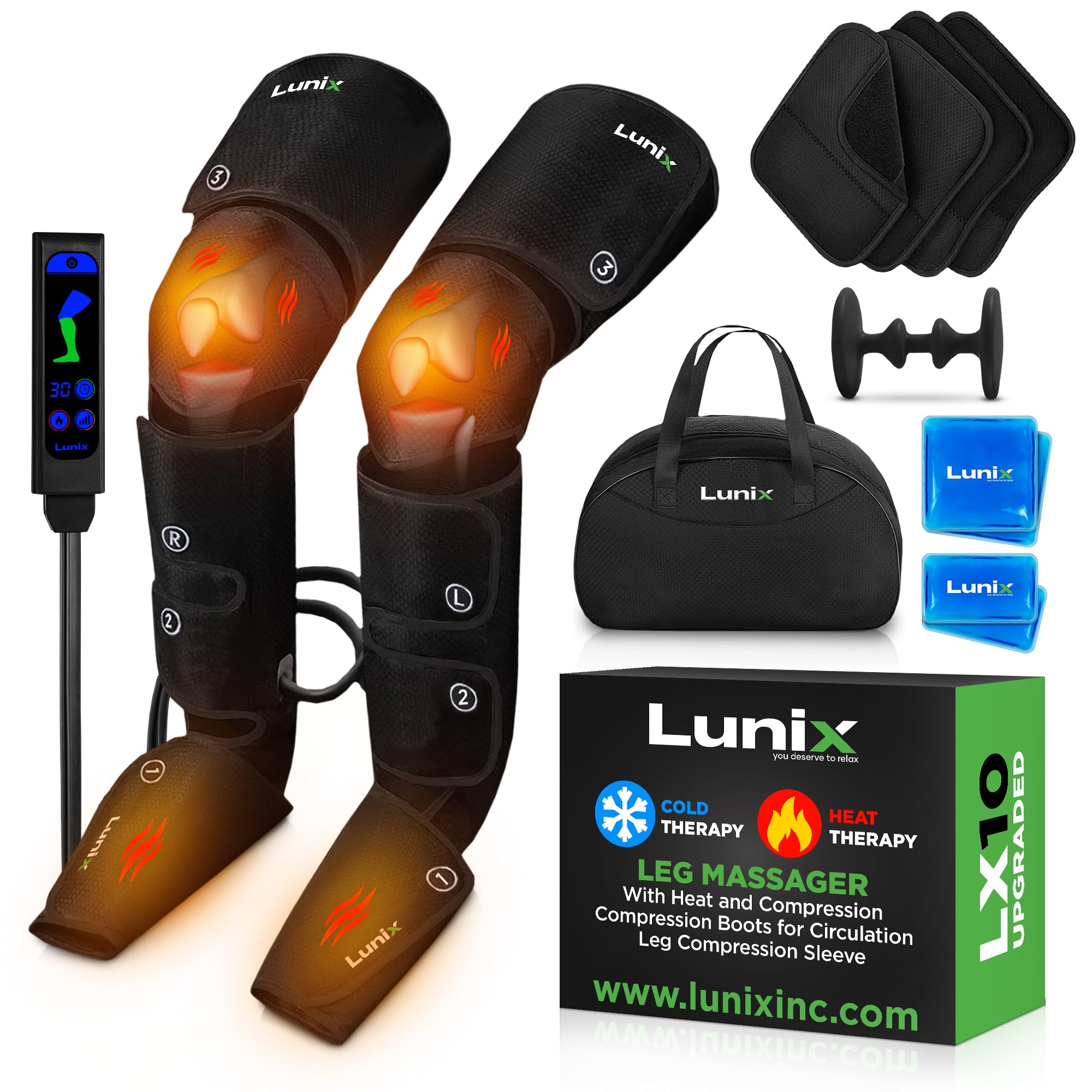 Lunix LX10 Full Leg Massager with Heat & Air Compression, Foot Calf and Thigh Massage Boots for Everyday Recovery, Adjustable Fit, Cold Therapy Option