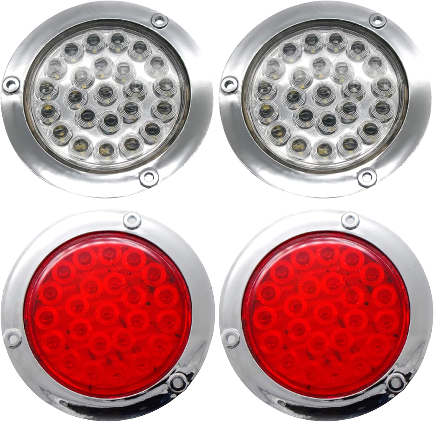 Red/White/Amber 4" Round LED Trailer Tail Light 24 LED Chrome Bezels Stop Turn Tail Brake Signal/Reverse Backup/Marker Lights Trucks Trailer RV Camper Dump Truck Waterproof (Combo, 4 Red + 2 White)