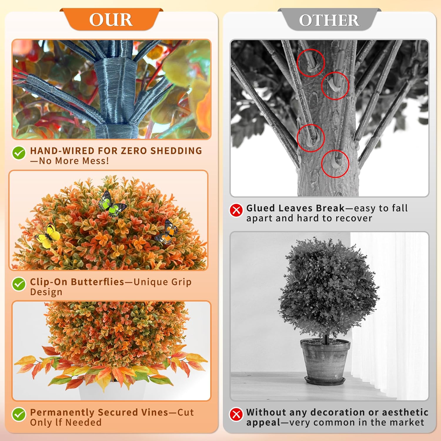 4 Pack Artificial Flower Topiary Ball with Ground Spikes, UV Resistant Orange Boxwood Outdoor Faux Shrubs Plants for Fall Autumn Thanksgiving Halloween Decor, Garden Porch Yard Patio