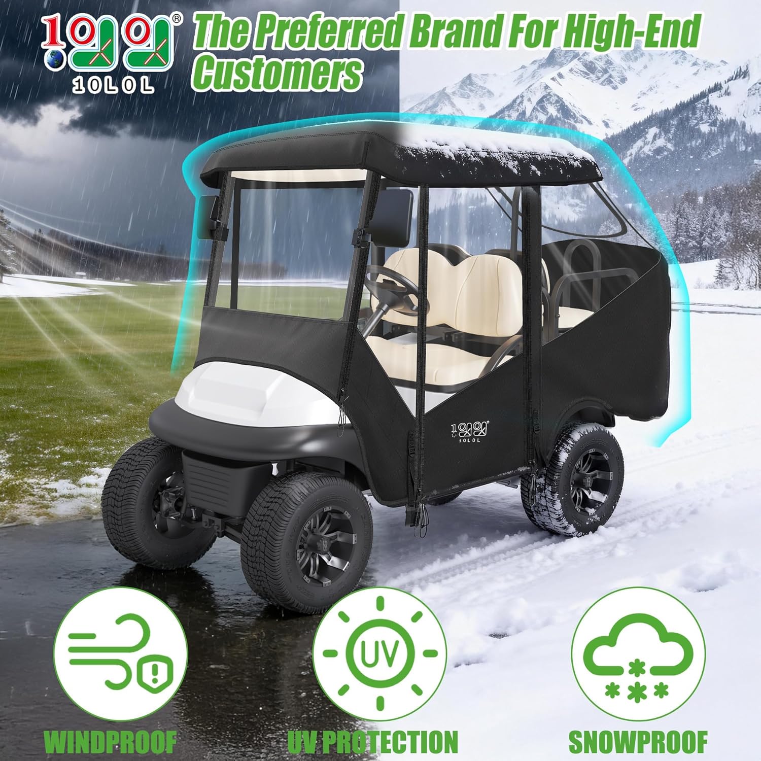 10L0L Golf Cart Enclosure 4 Passenger for EZGO TXT & Club Car Precedent DS Tempo Onward, 57" Short Roof Waterproof Windproof Rain Cover with Heavy-Duty 600D Fabric & Clear Windows Roll-up Door
