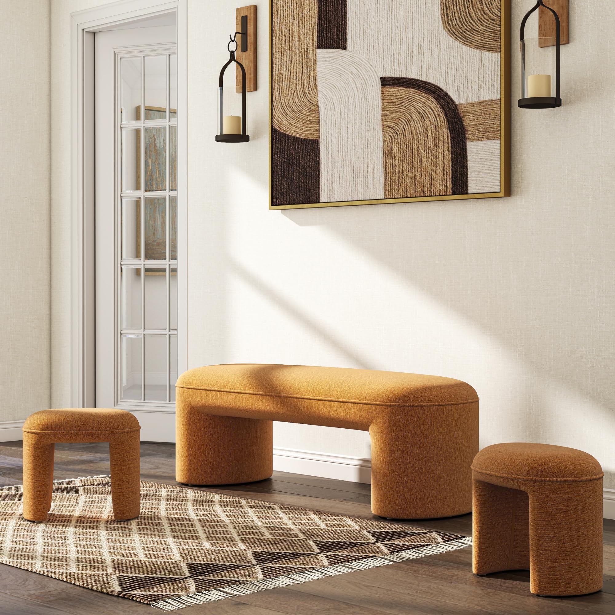 Hyfirm 3-Piece Nesting Upholstered Bench with 2 Stools, 53" Chenille Accent Waterfall Bench Modern End of Bed Entryway Bench Bedroom Bench for Living