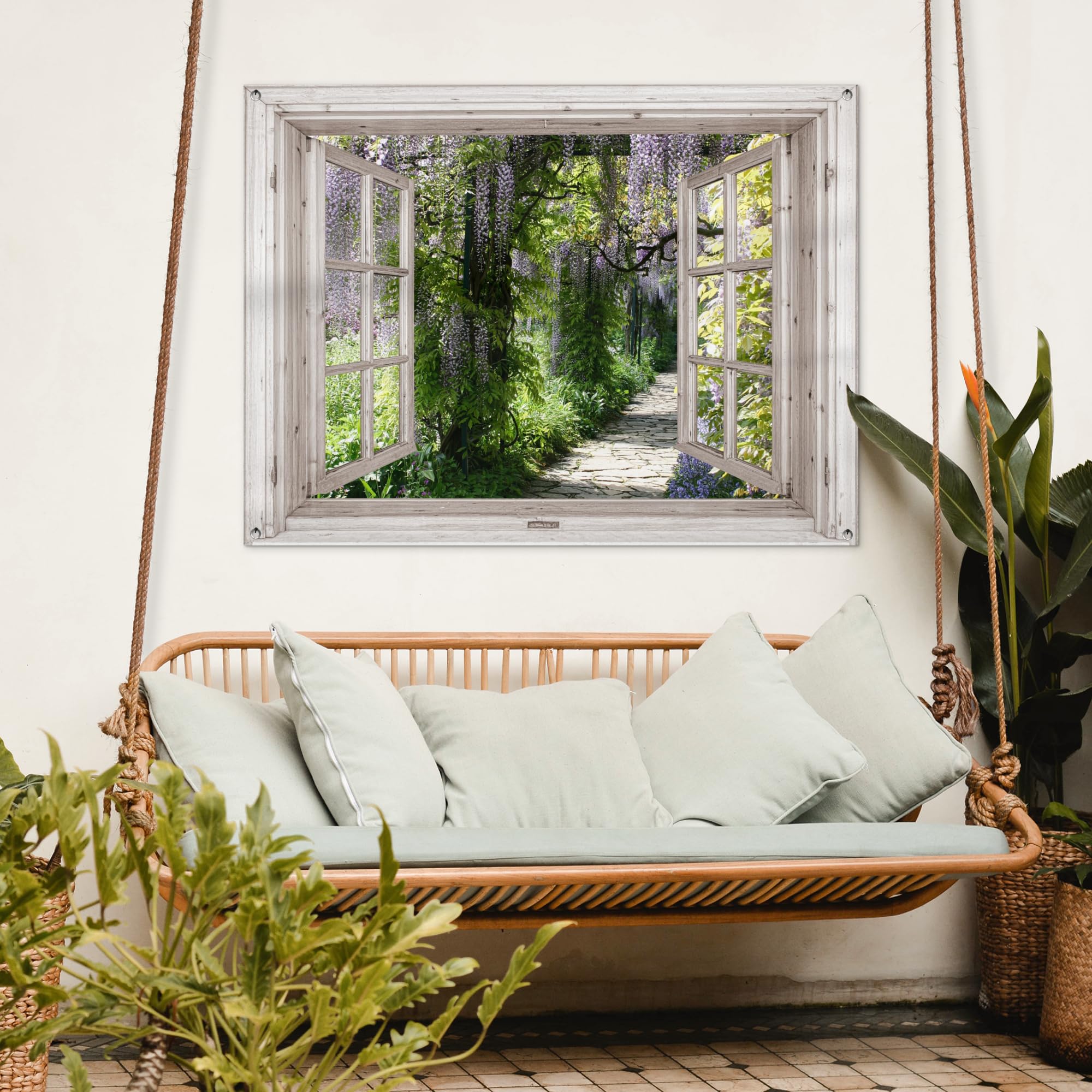 MuchoWow© Decoracion Pared Exterior 120x90 cm Posters Decorativos Jardin Terraza Balcon Wall Decoration Decoración Patio Póster De Jardín Glicinia - Flores - Vista - Árbol - Primavera