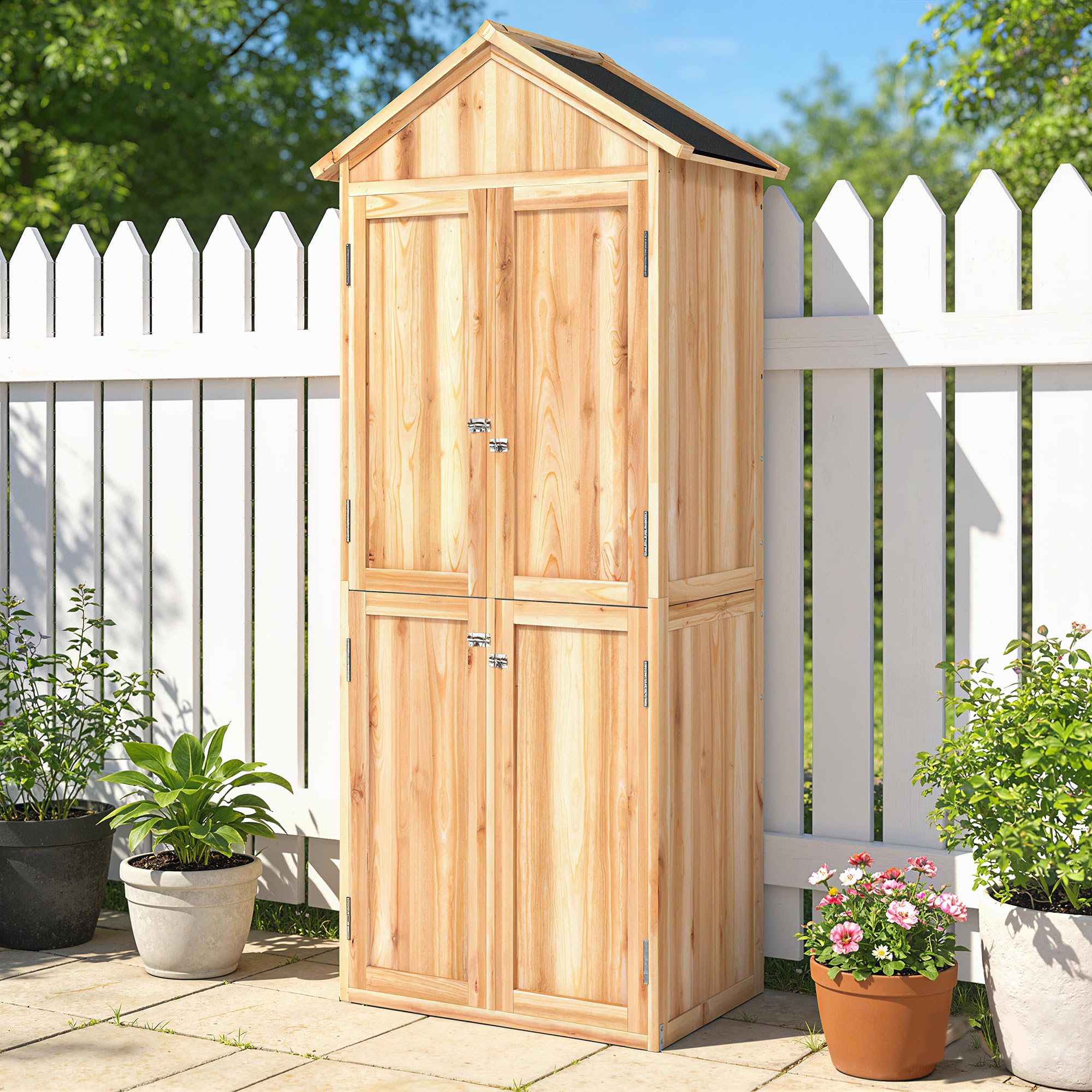 Outsunny Armadio da Giardino in Legno di Abete con Kit Antiribaltamento Casetta Porta Attrezzi da Esterno con Ripiani Rimovibili 4 Ante Bloccabili Tetto in Asfalto Inclinato 82x50x190 cm Color Legno