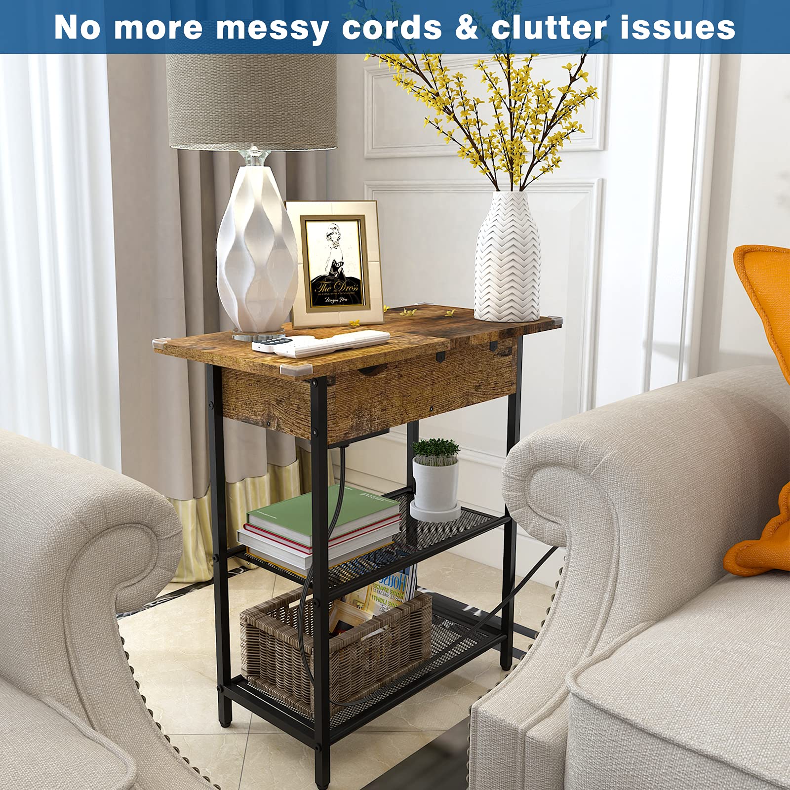 Sofa Side Table with USB Ports and Outlets, Narrow End Table with