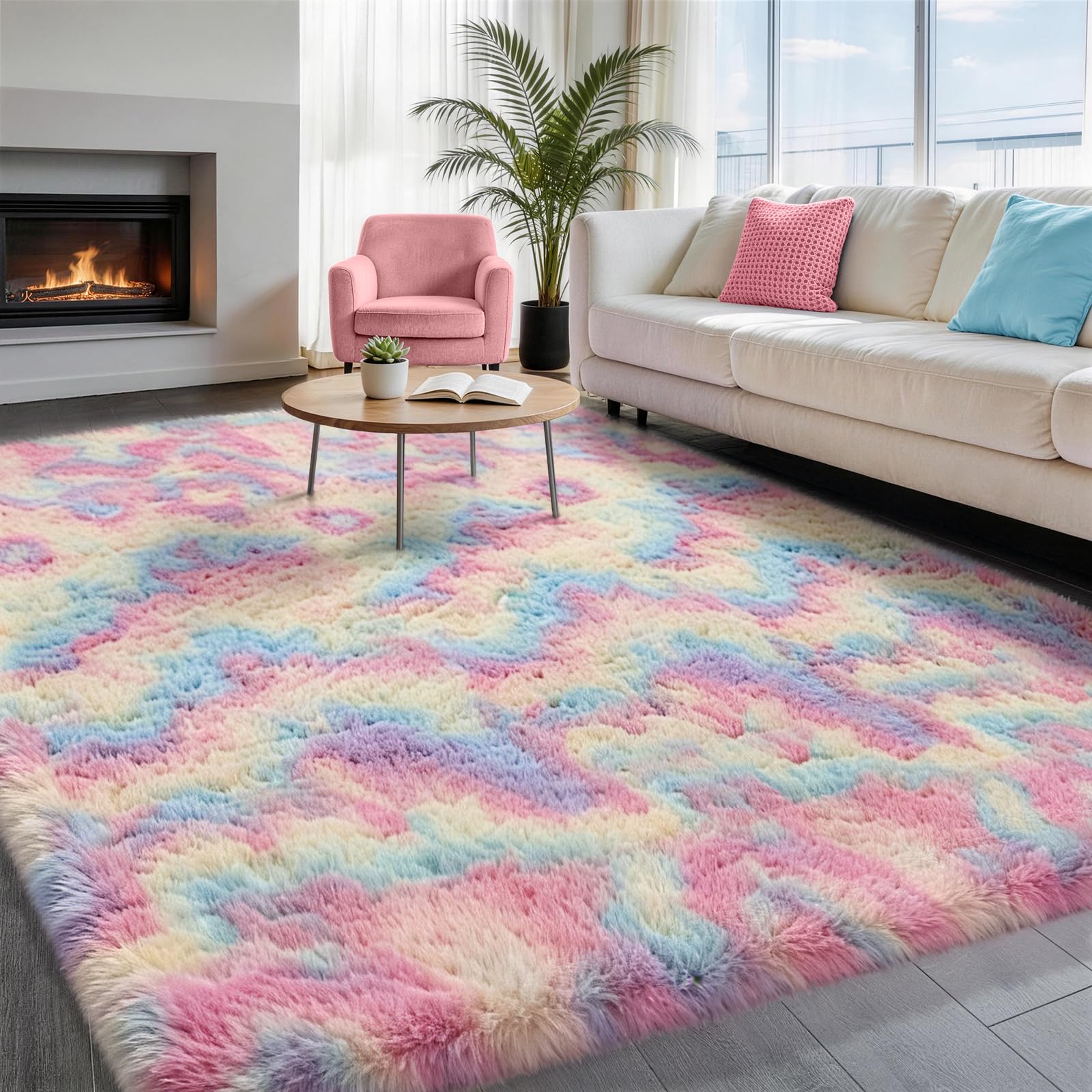 ophanie rainbow rug for bedroom girls, unicorn colorful fluffy soft cute fuzzy area rugs, shag plush shaggy bedside floor 4x6 furry carpet for kids baby teen dorm nursery home decor aesthetic