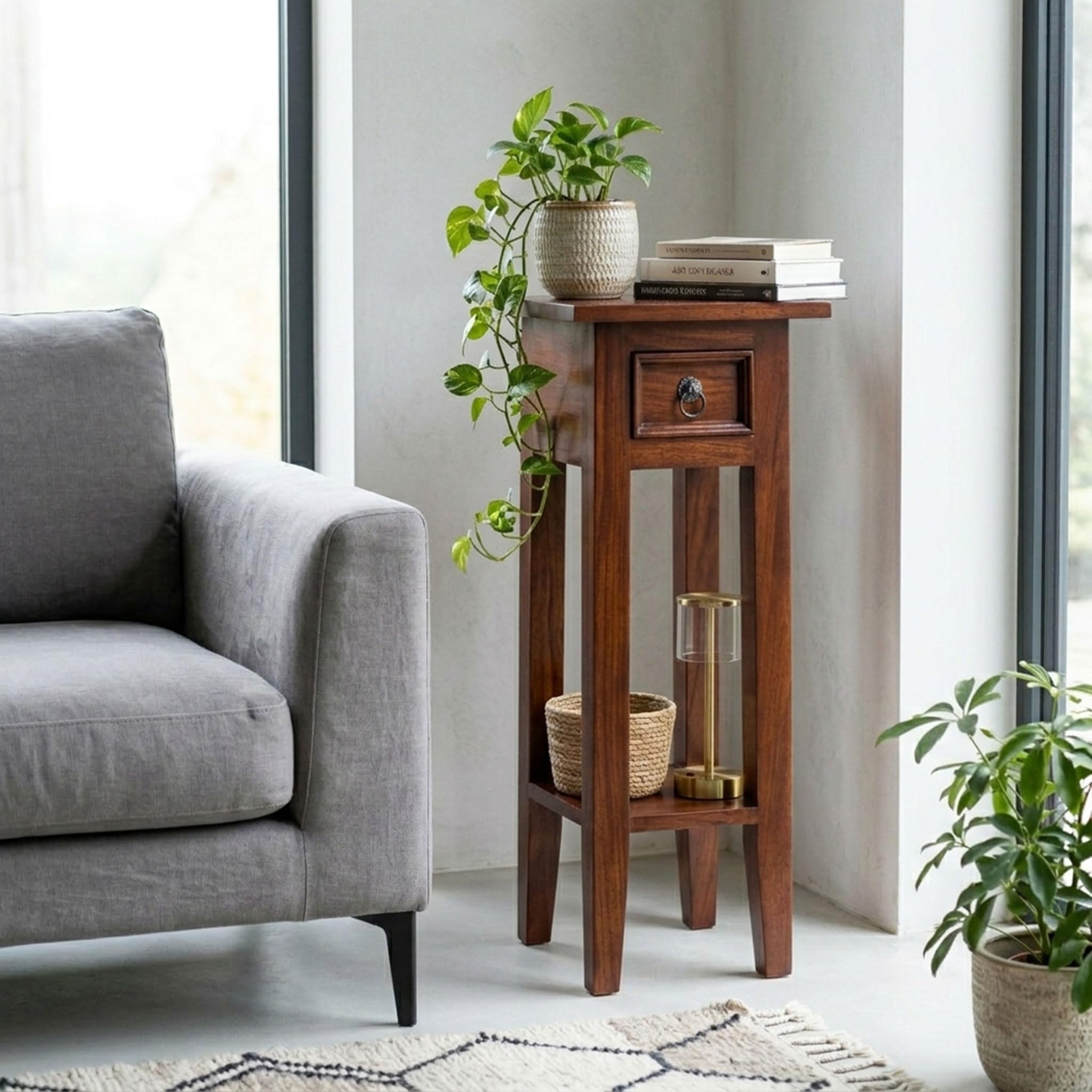 Spetebo Tavolino in mogano con cassetto 67 x 25 cm – marrone – tavolo per telefono vintage in legno