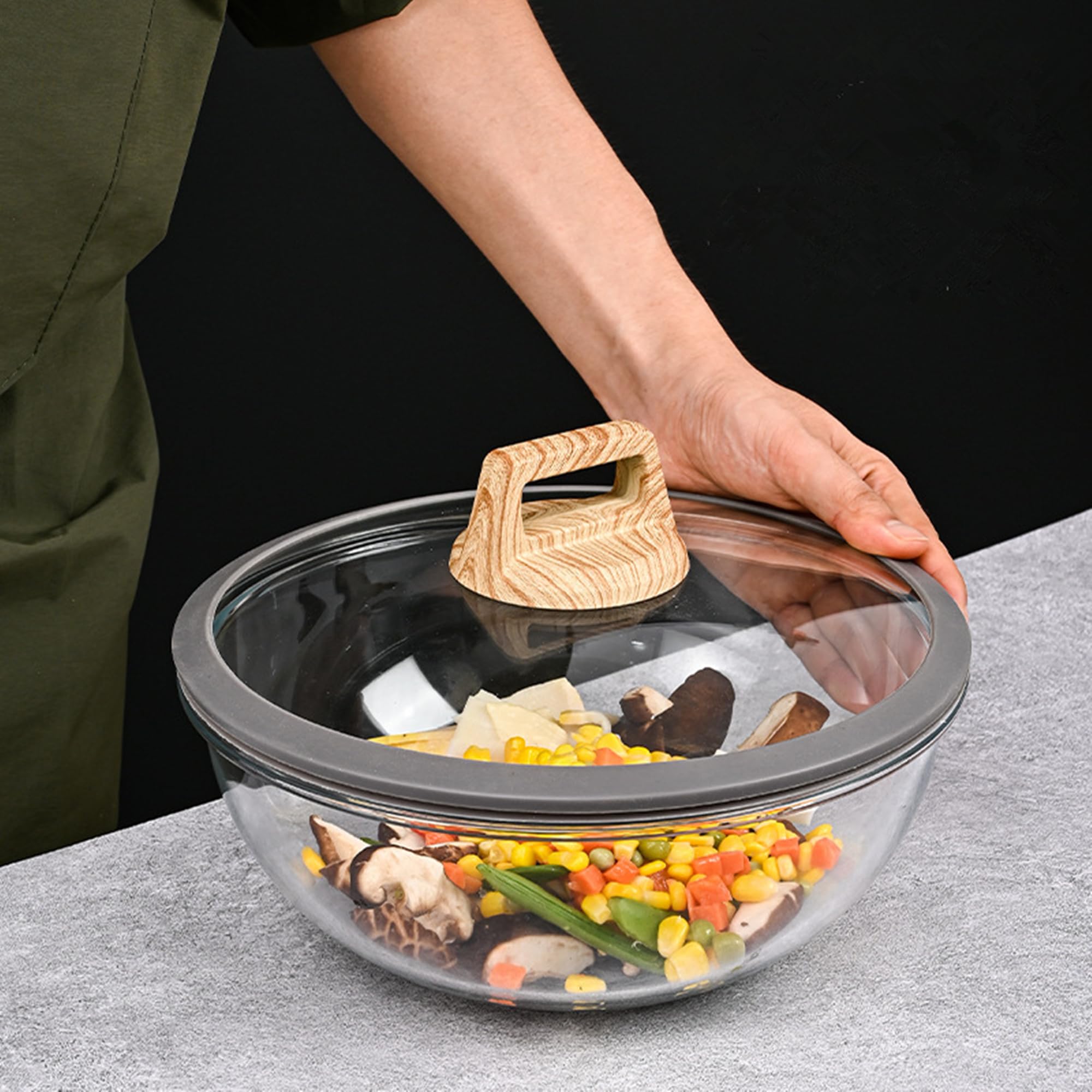 Cuenco de Cocina de 37 cm, Tazones para Aperitivos Capacidad 4.5 Lts, Apto para Horno, Apto Microondas, Bowls de Vidrio con Tapa con bordes de Siliconada