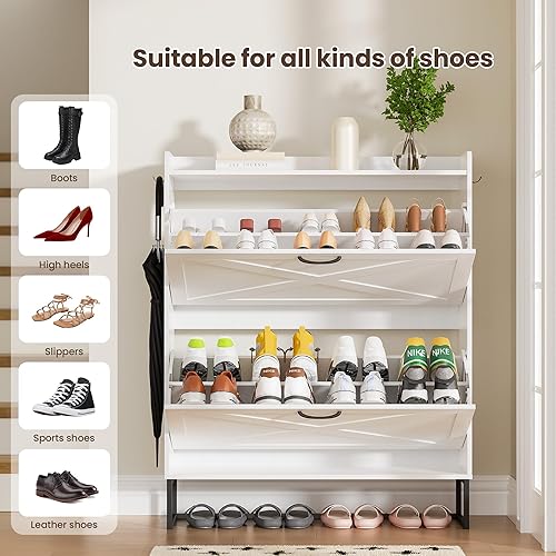 Miniatura 3 de Zapatero con 2 cajones abatibles, organizador de zapatos independiente con ganchos extraíbles, armario estrecho para zapatos, entrada, pasillo, sala