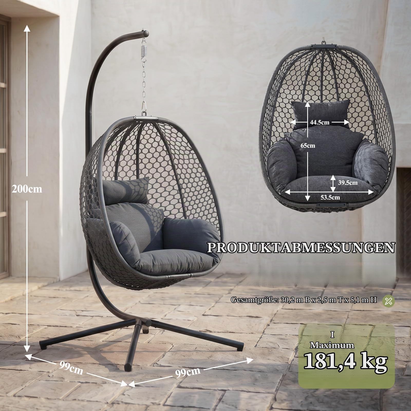 Ya-Home Hängesessel Outdoor mit Gestell Bequemer Hängeschaukel Grau | Hängekorb Sessel mit Kissen & Auflagepolster für Outdoor und Indoor, Balkon Schaukelstuhl Gartenschaukel belastbar bis 180kg