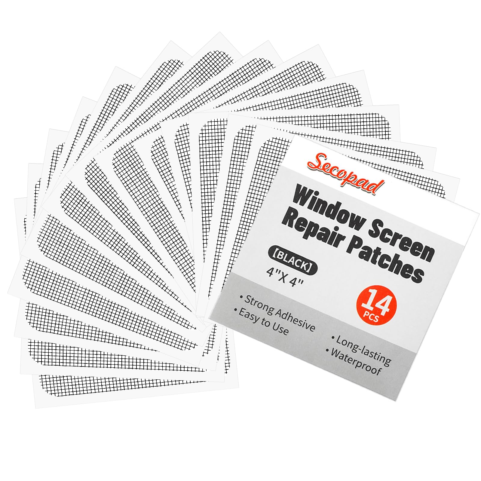 14PCS Window Screen Patches, Black Window Screen Repair Kit for Mesh Door, Strong Adhesive Fiberglass Quick Repair Tape, 4" x 4"