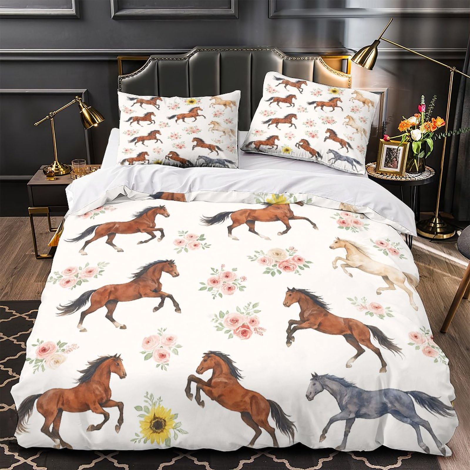Housse de couette aquarelle chevaux lavable en machine sans repassage