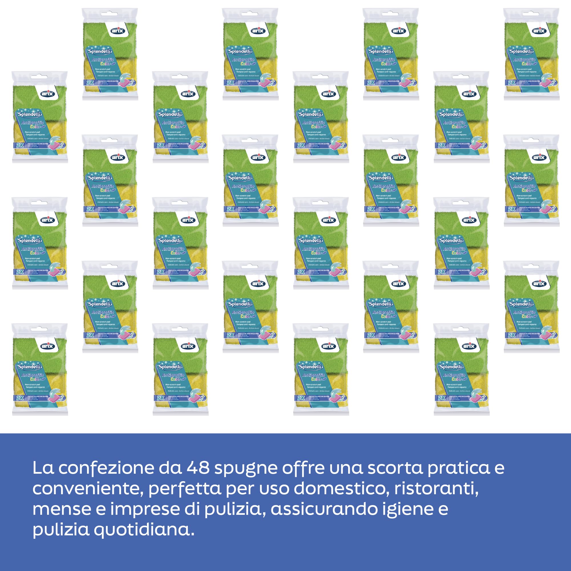 ARIX | 48 Spugne Antigraffio Color Della Linea Splendelli, Spugna per Superfici Delicate e Antiaderenti, Spugna Pulizia Microonde, Antiunto - 24 Confezioni