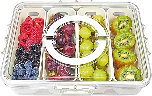 Contenedores divididos de almacenamiento de frutas para refrigerador, bandeja dividida transparente para servir con tapa y asa, contenedor de 4