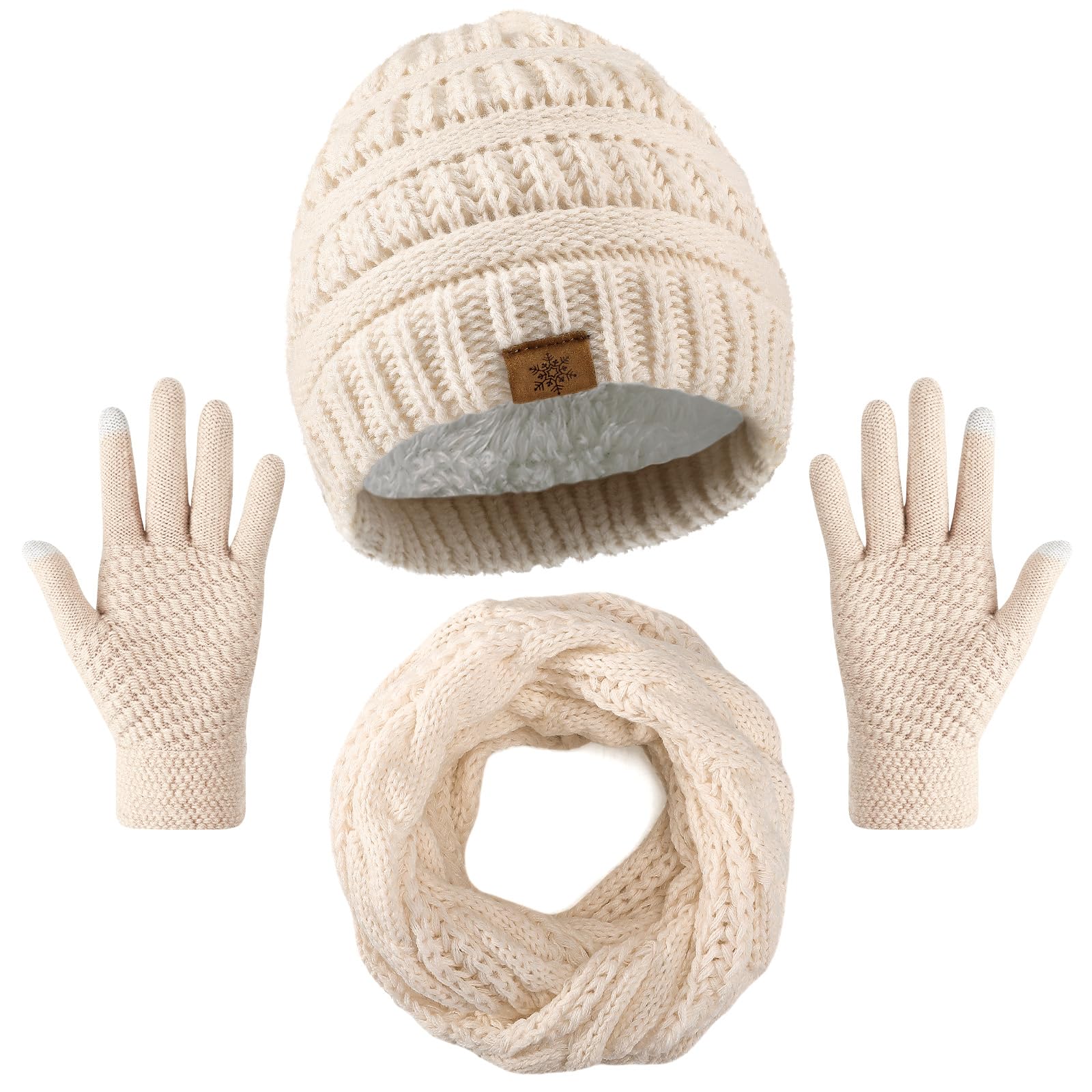 Winter Beanie Hat Scarf Gloves Set, Warm Knit Winter Hats Touchscreen Gloves Thick Neck Warmer Winter Scarf for Women