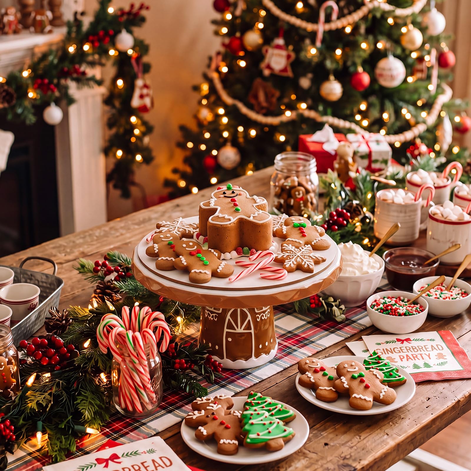 FillTouch Présentoir à gâteau de Noël en forme de maison en pain d'épices de 25,4 cm - Plateau de présentation à dessert en bois pour fête, dessert, fruits, hiver, mariage, anniversaire, décoration de