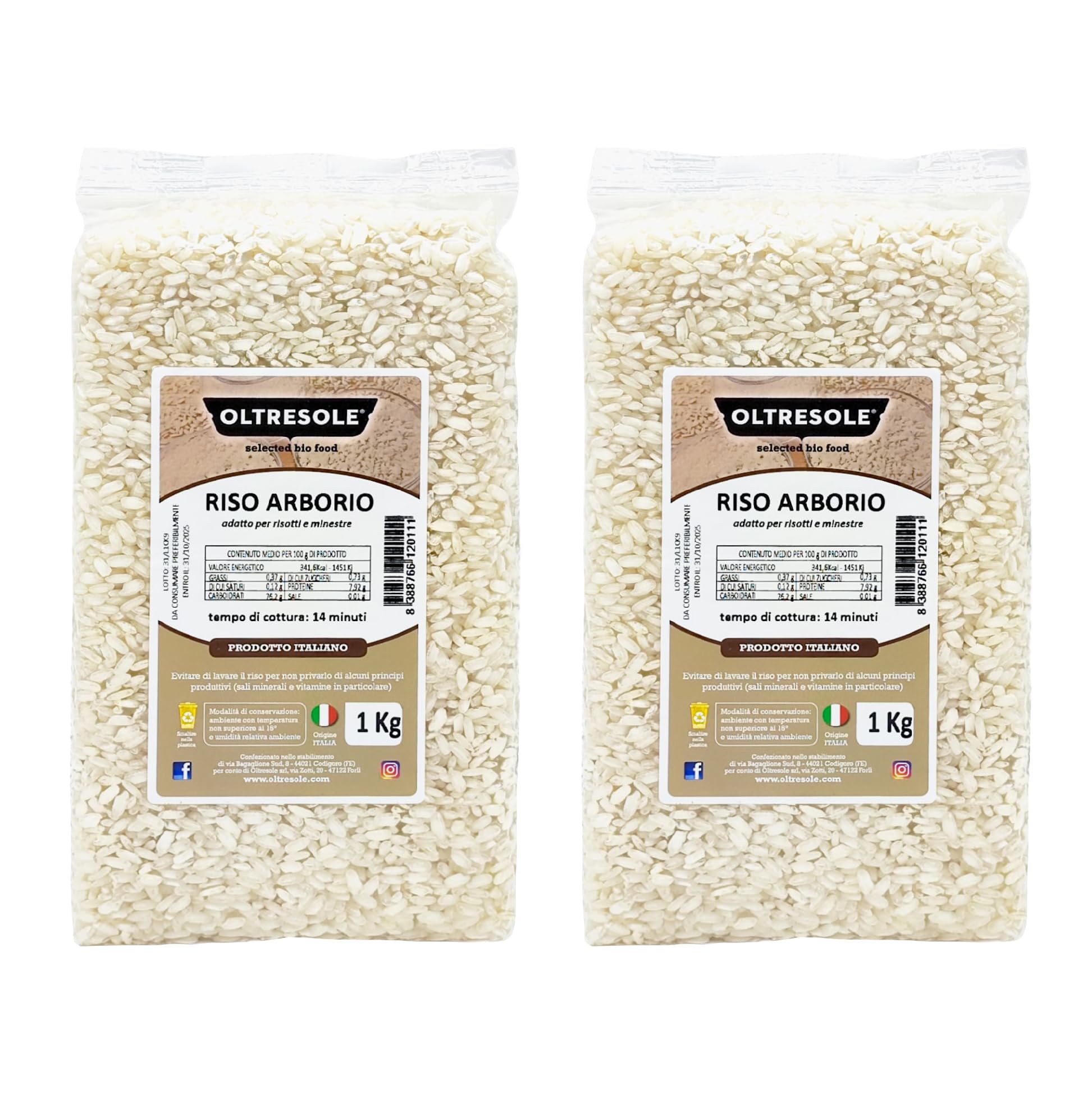 Oltresole, Artisanal Italian Arborio Rice, Großkörniger und stärkehaltiger Reis, ideal für Suppen, Risottos und Reissalate, vakuumverpackt in 2 x 1 kg Beuteln