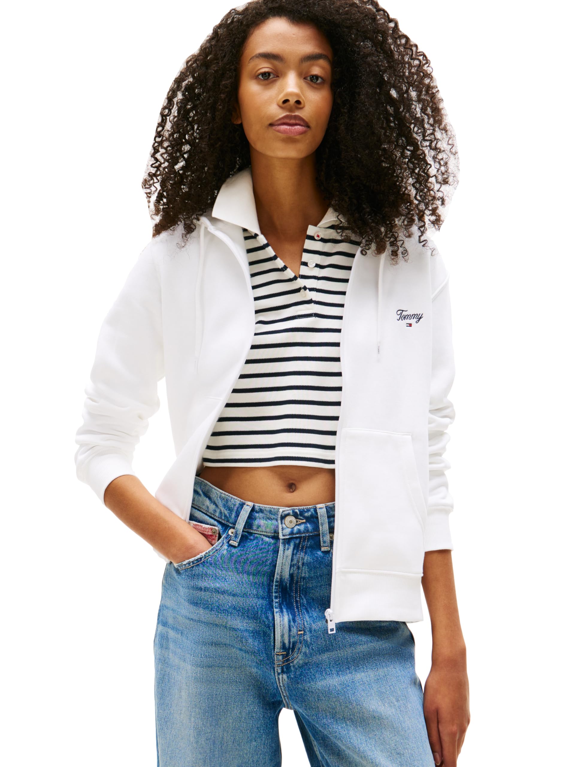Tommy Jeans Women's White Medium Weight Zip Up Hoodie With Script Logo And Drawstring, Medium