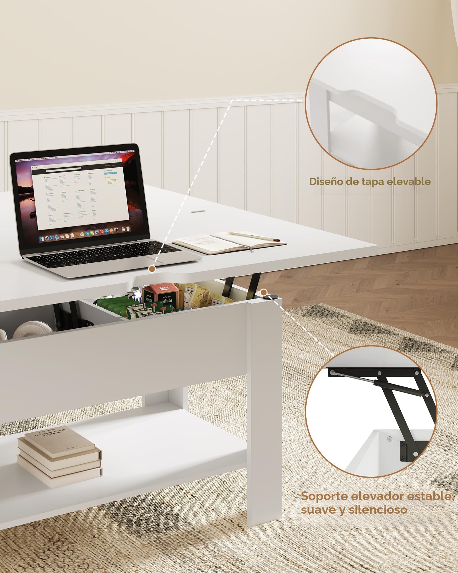 KIMENICH Mesa de Centro Regulable en Altura, Almacenamiento Oculto, 3 en 1, Multifunción, Mesa de Salón, Mesa de Café, Compartimento Abierto, Mesa de Comedor, para Salón, Oficina, Blanco