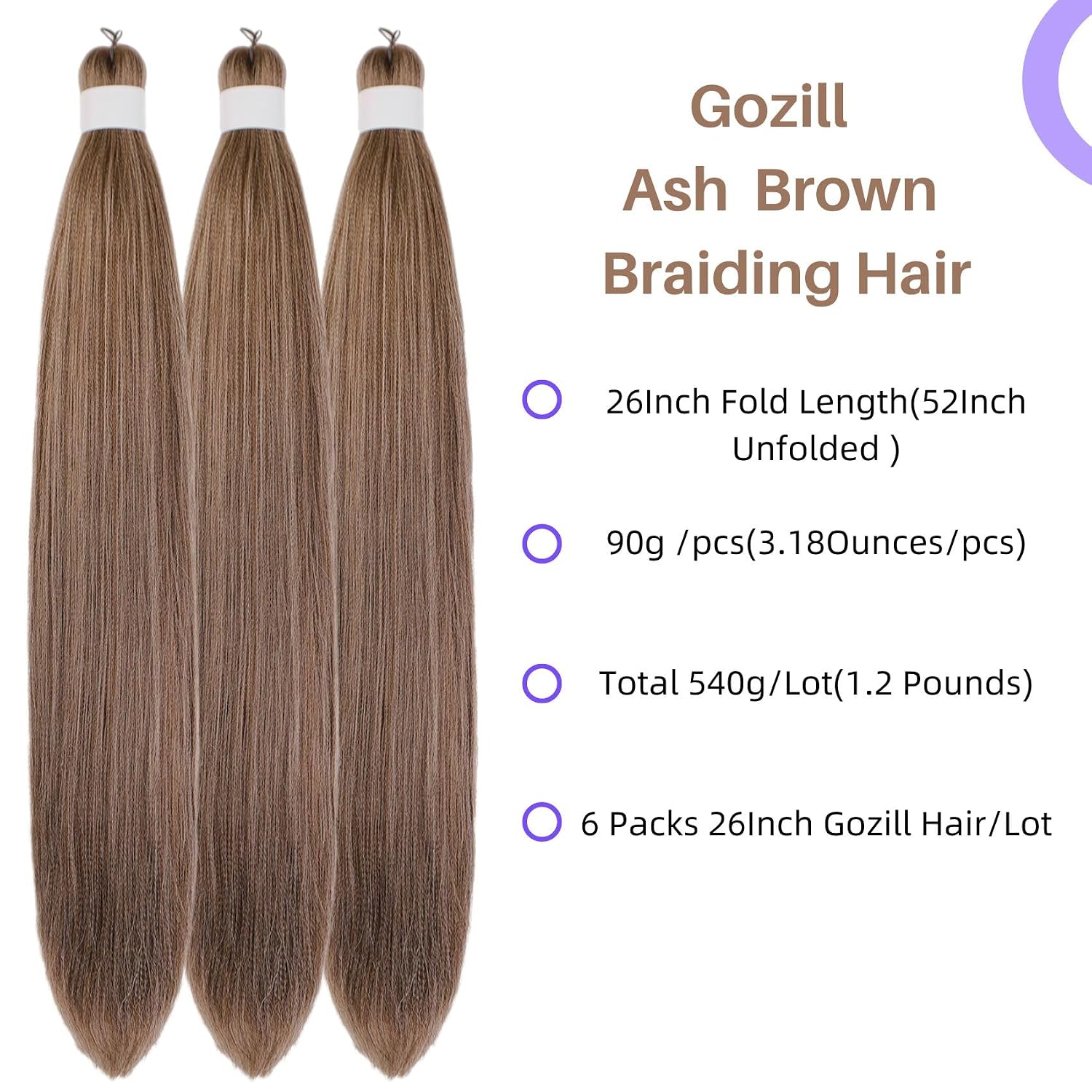 Ash Brown Braiding Hair Pre Stretched Knotless Braiding Hair Synthetic Box Braids Brown Hair Extension for Braiding (6 Packs)