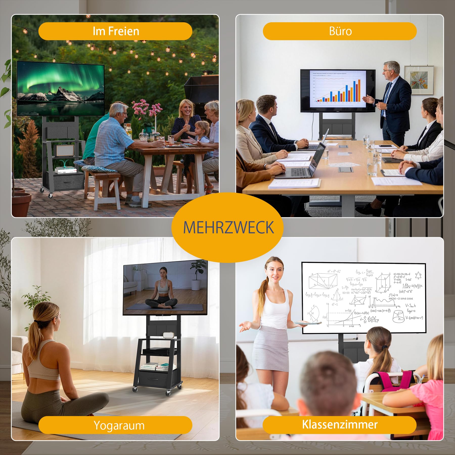 Rollbarer TV-Ständer mit Schublade & 3 Ablageflächen für 23"-60" Flach/Curved TV bis 723kg (LCD/LED/OLED), Chariot de TV Mobile, für Zuhause, Büro und Außenbereich, max VESA 400x400 mm, Schwarz