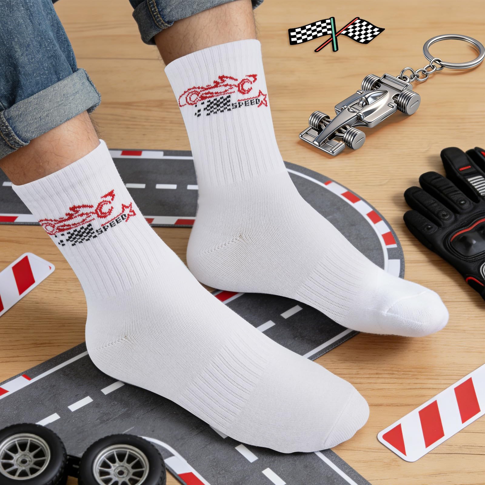 Leikedun Regalo di compleanno per gli appassionati di auto da corsa F1, calzini con ricamo f1 auto da corsa con portachiavi, regalo per la formula 1 amante