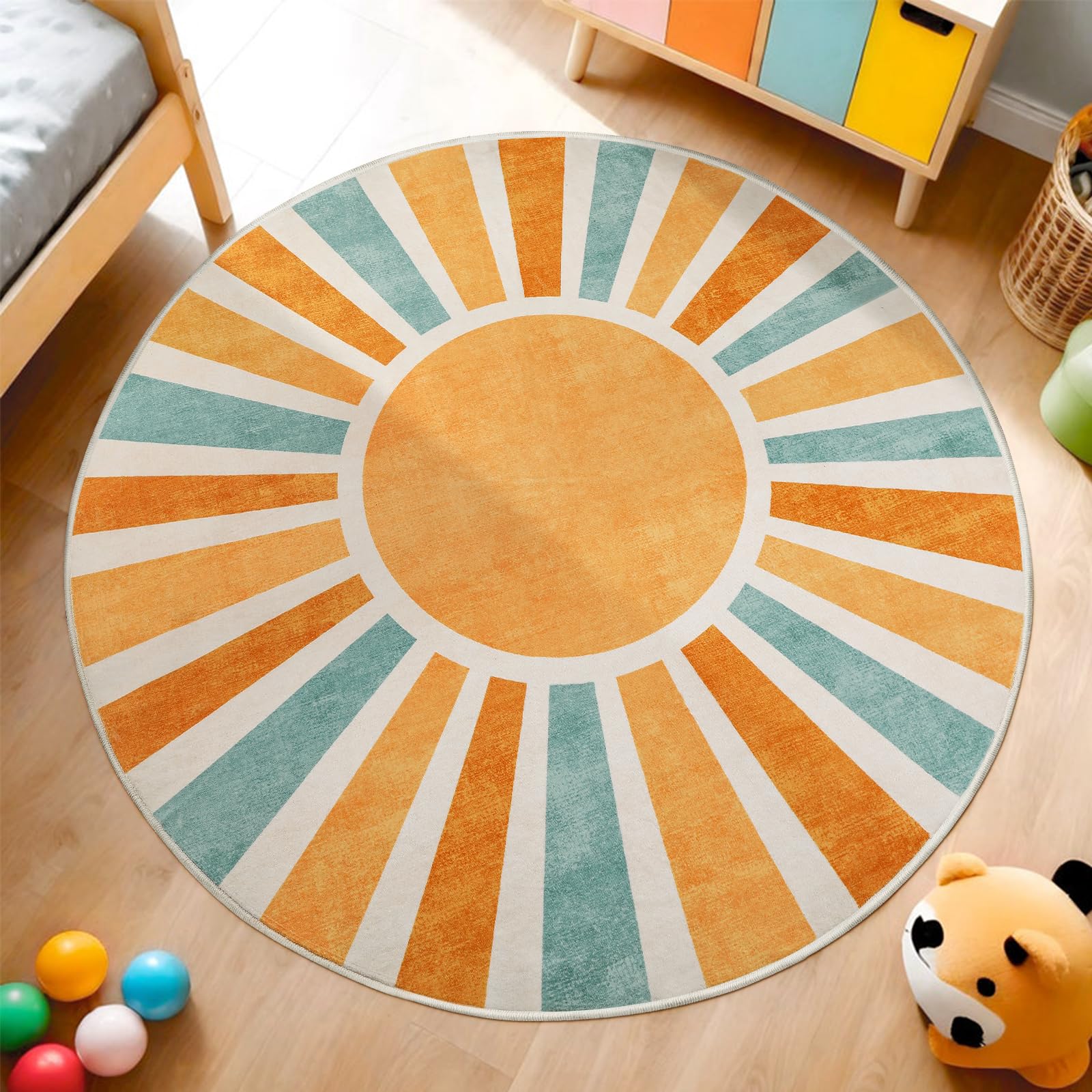 Boho-Teppich, rund, 1,8 m, bunt, groß, waschbar, für Klassenzimmer, Sonnendruck, Used-Kreis, Kinderteppich, weicher, dünner Bodenteppich, rutschfest, niedriger Flor, Kinderzimmerteppich für