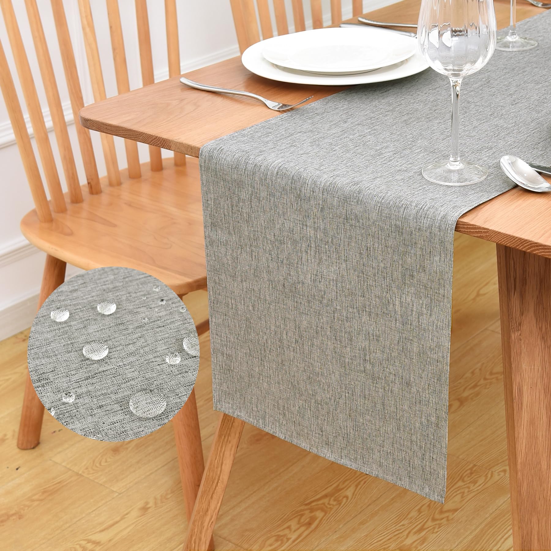Inmerget Water Resistant Faux Linen Table Runner 33x140 cm, Grey
