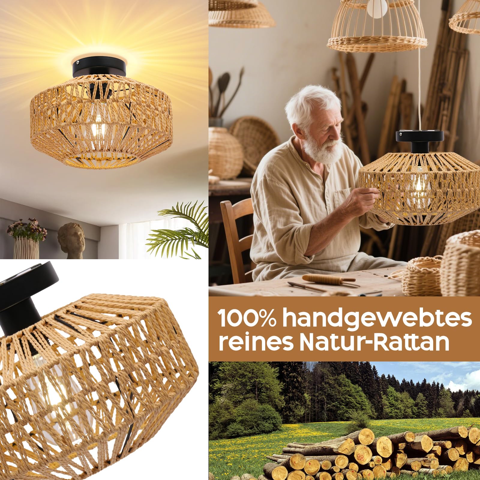 AmazeFun Boho Deckenleuchte Style mit Rattan Lampenschirm - Ø30cm Rattan Deckenlampe Wohnzimmer, E27 Vintage Deckenlampe, Rustikal Deckenleuchte Schlafzimmer, Boho Korb Lampe Für Esszimmer Küche Flur
